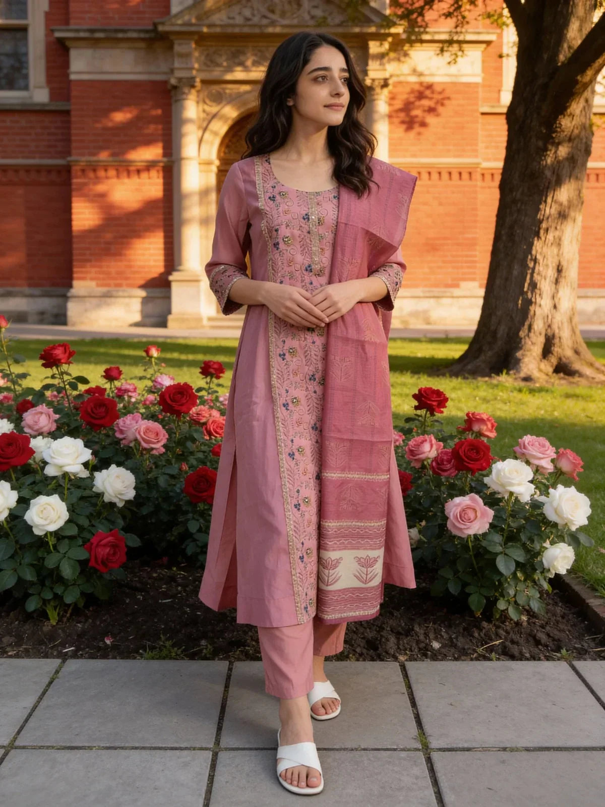Chanderi Embroidered A-Line Calf Length Kurta and Pant with Dupatta