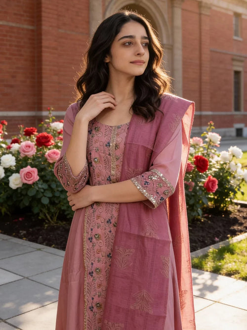 Chanderi Embroidered A-Line Calf Length Kurta and Pant with Dupatta
