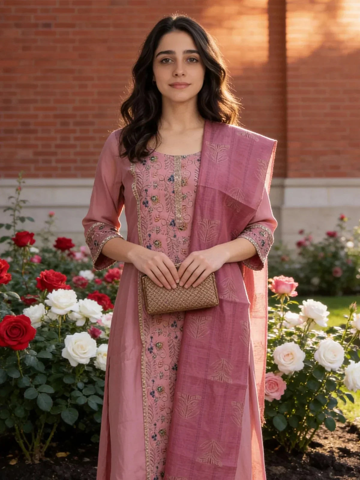 Chanderi Embroidered A-Line Calf Length Kurta and Pant with Dupatta