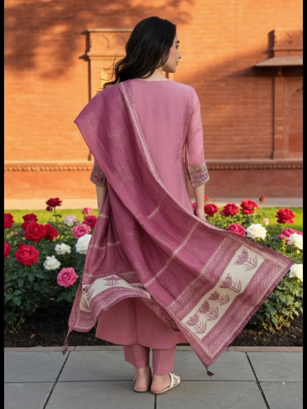 Chanderi Embroidered A-Line Calf Length Kurta and Pant with Dupatta