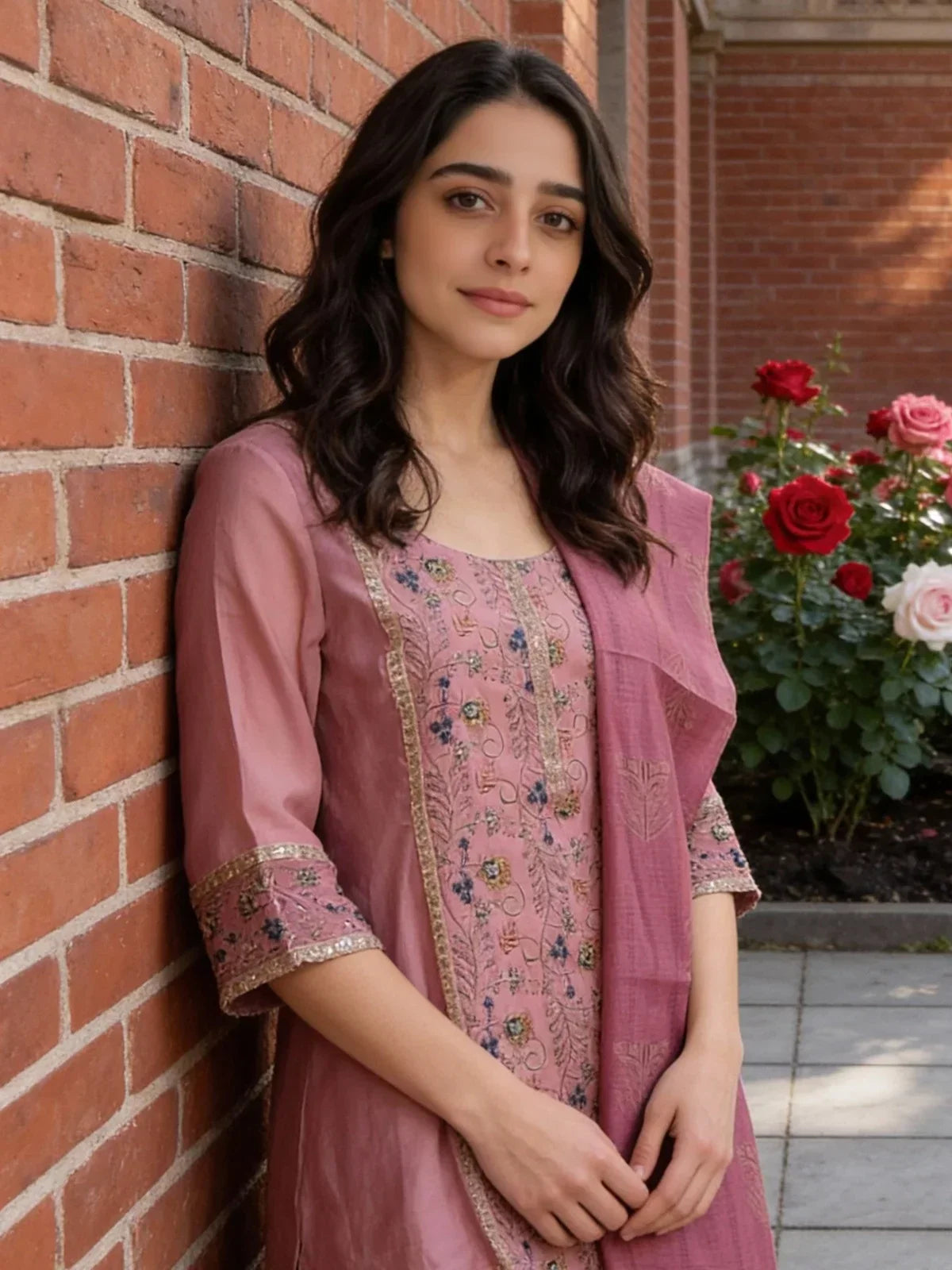Chanderi Embroidered A-Line Calf Length Kurta and Pant with Dupatta