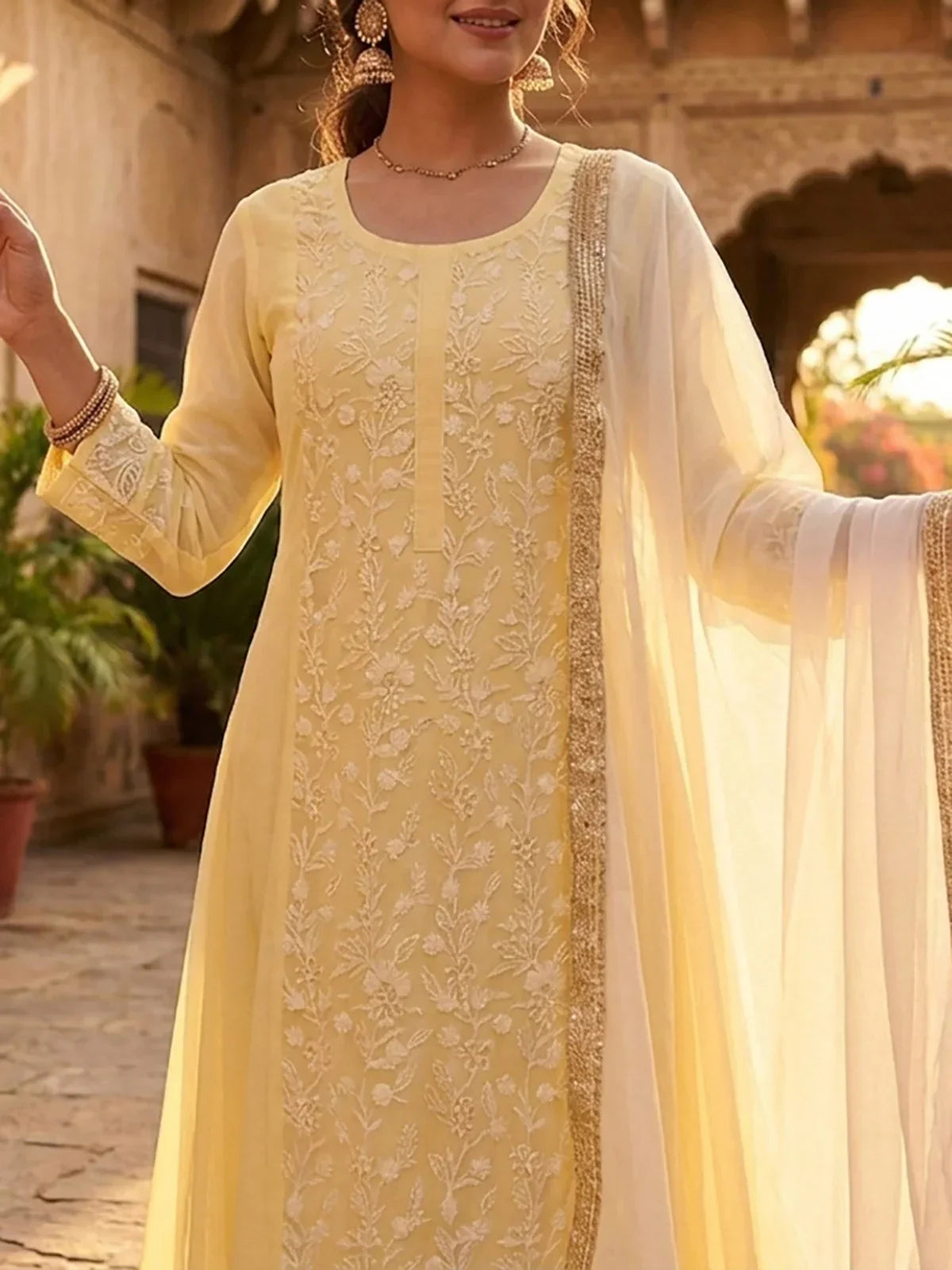 Chanderi Embroidered  Anarkali Calf Length Kurta With Pant and Dupatta