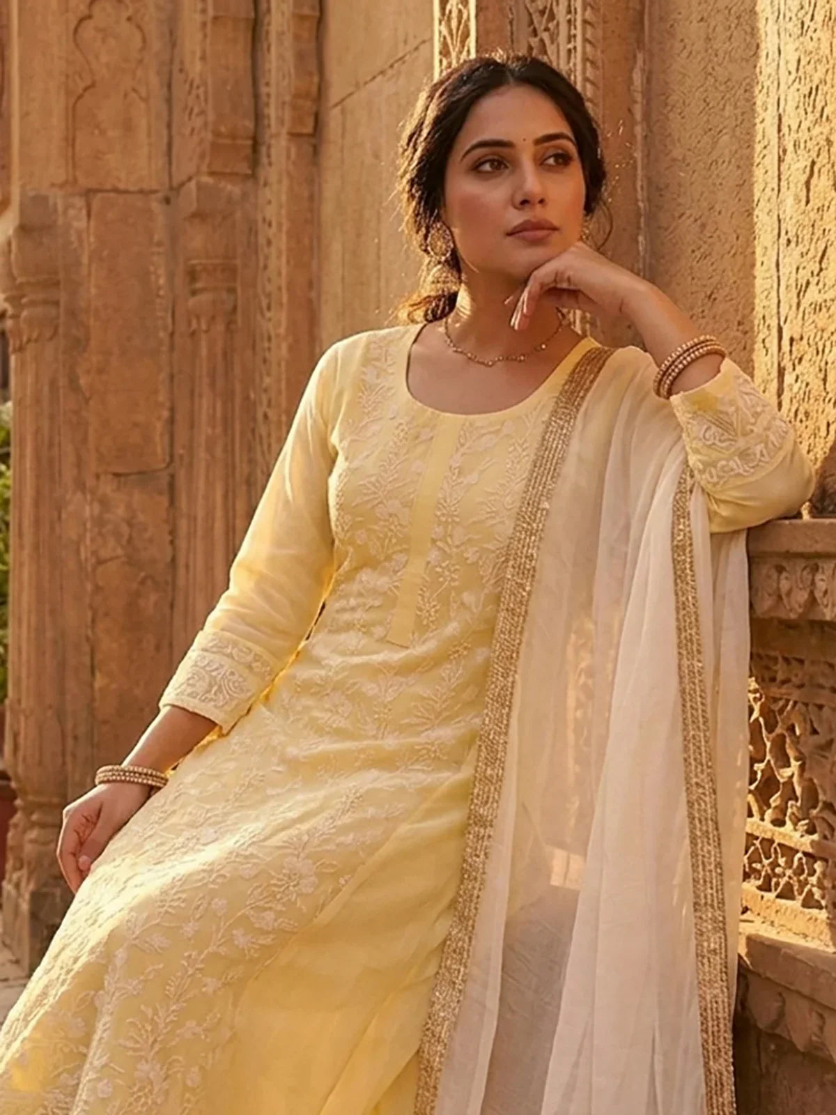 Chanderi Embroidered  Anarkali Calf Length Kurta With Pant and Dupatta