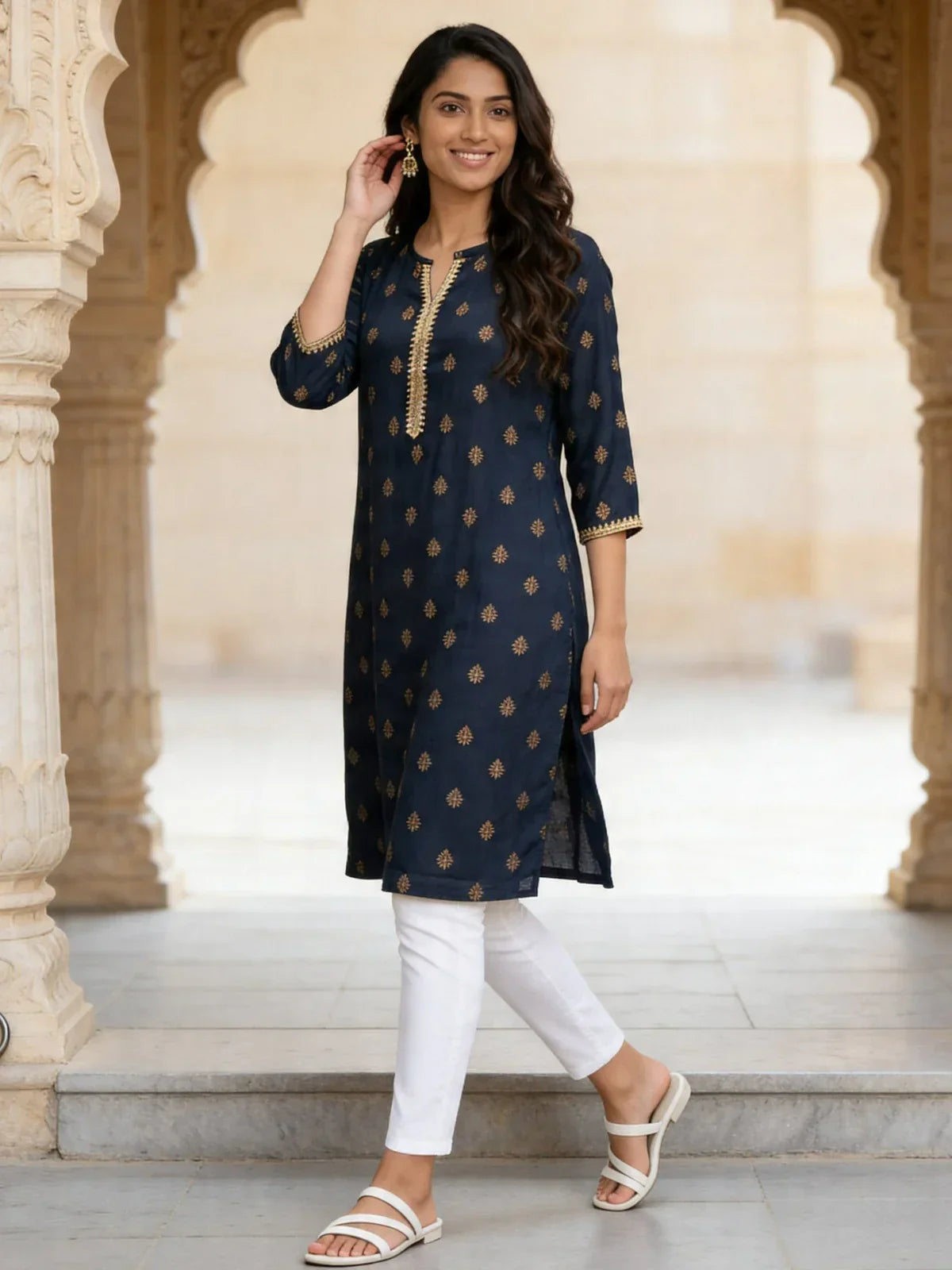 Rayon Embroidered Straight Knee Length Kurta