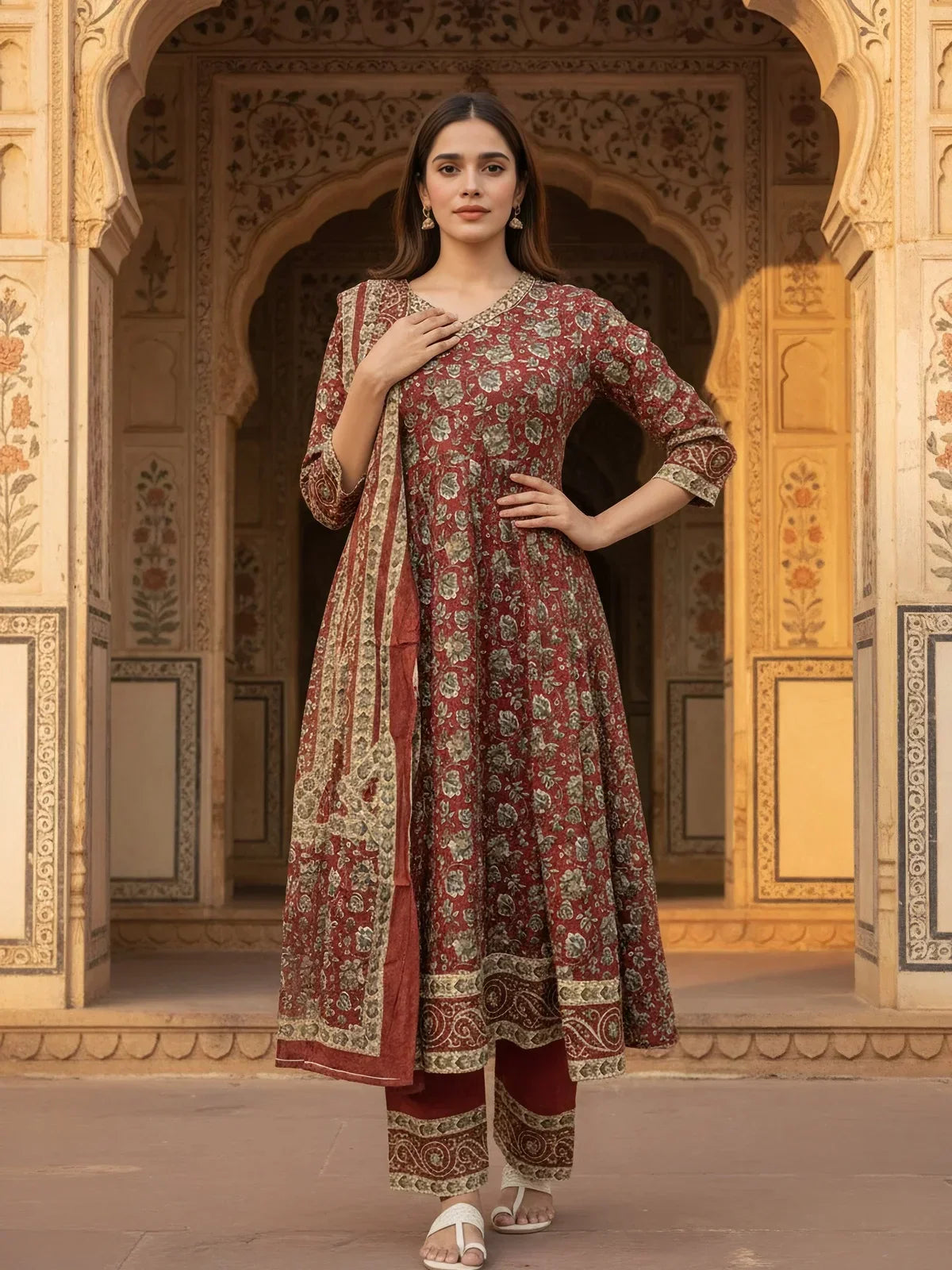 Cotton Embroidered Anarkali Calf Length Kurta with Pant and Dupatta