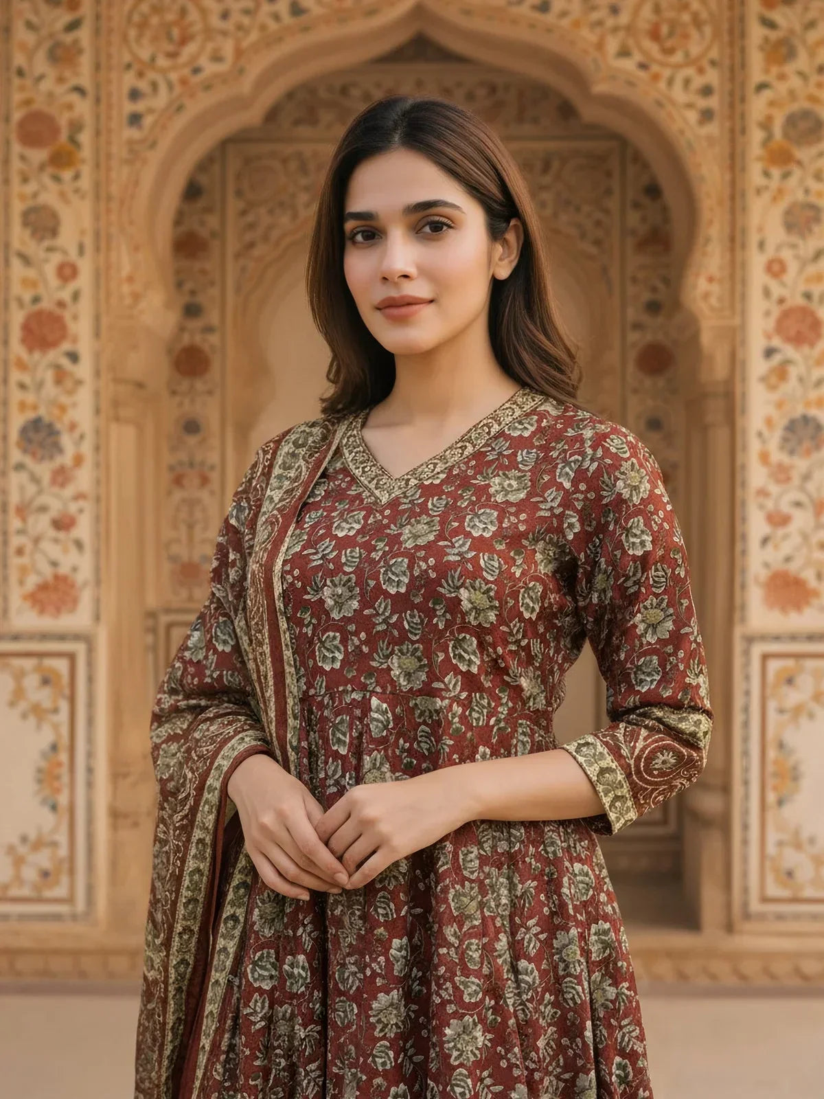 Cotton Embroidered Anarkali Calf Length Kurta with Pant and Dupatta