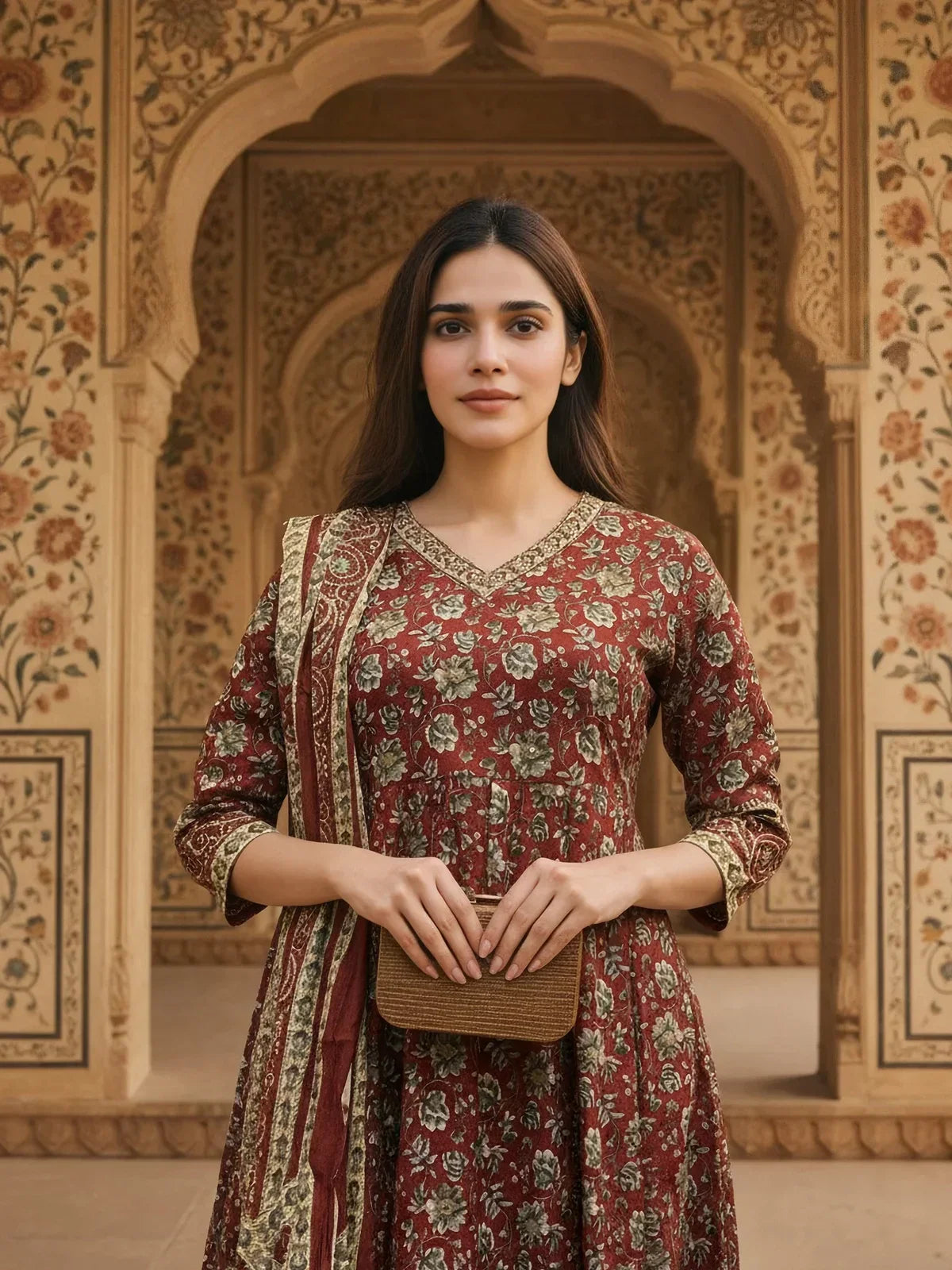 Cotton Embroidered Anarkali Calf Length Kurta with Pant and Dupatta
