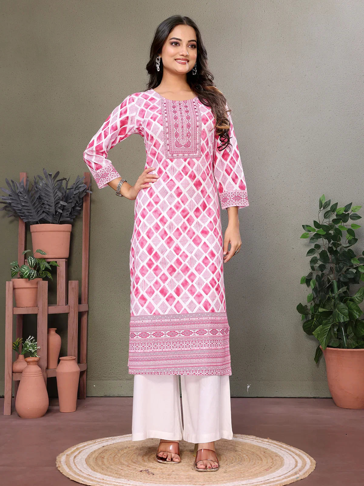 Cotton Embroidered Calf Length Straight Kurta