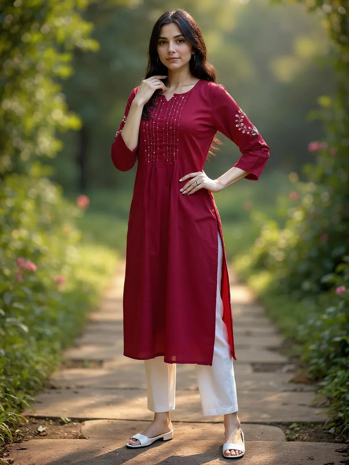 Rayon Embroidered Straight Calf Length Kurta