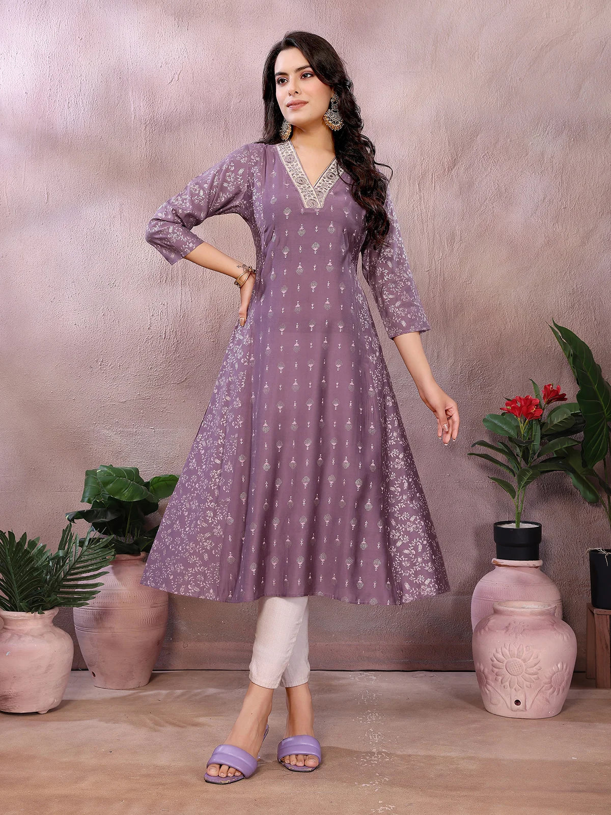 Viscose Poly Printed Flared Calf Length Kurta