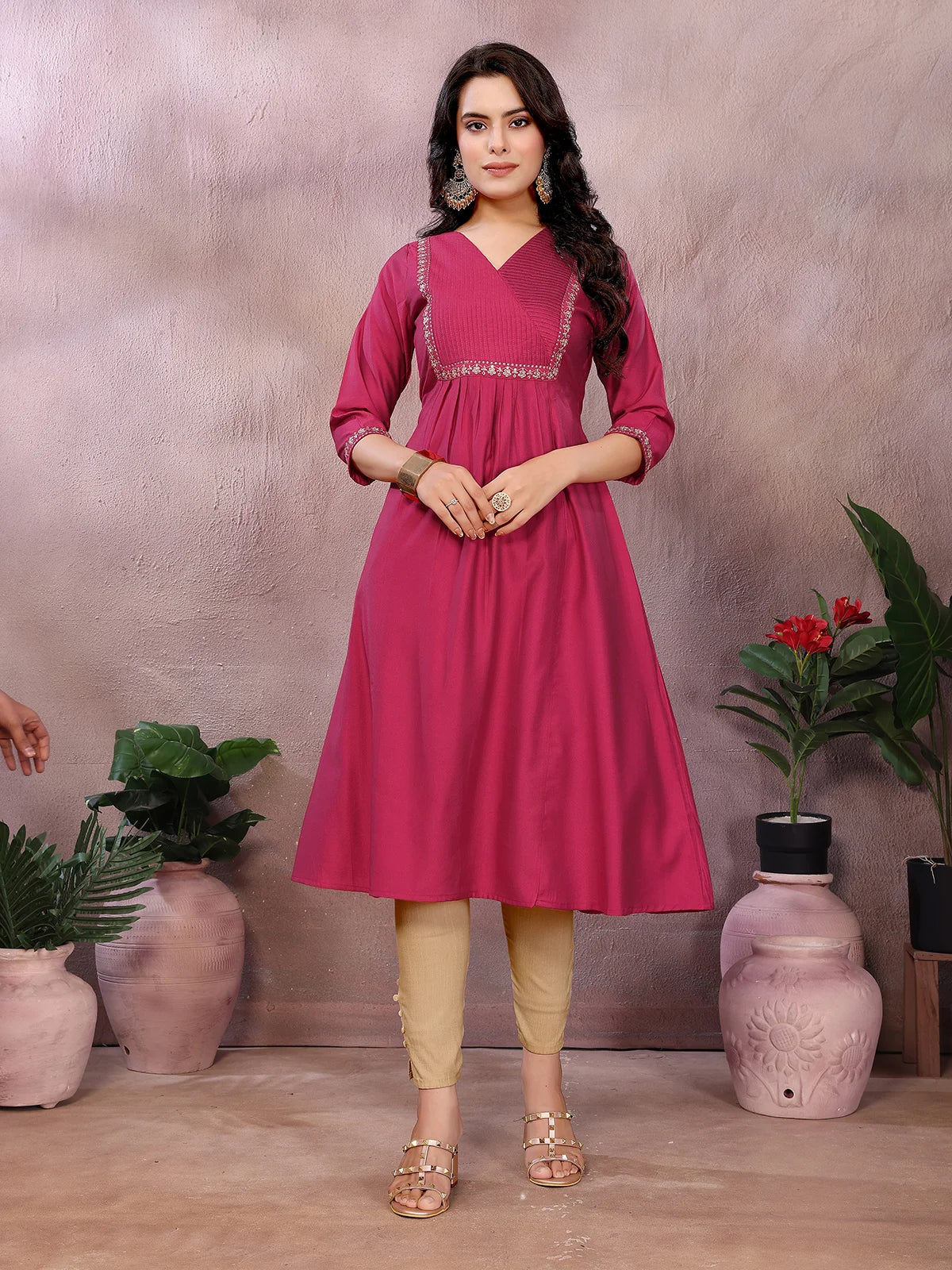 Viscose Poly Embroidered Flared Calf Length Kurta