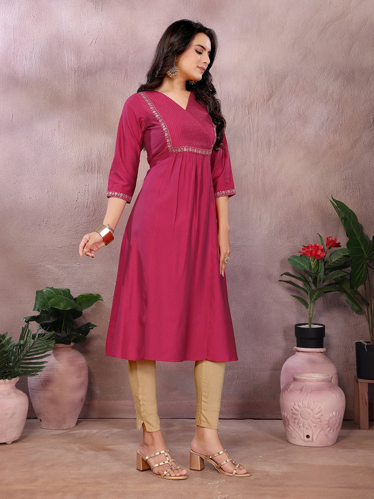 Viscose Poly Embroidered Flared Calf Length Kurta