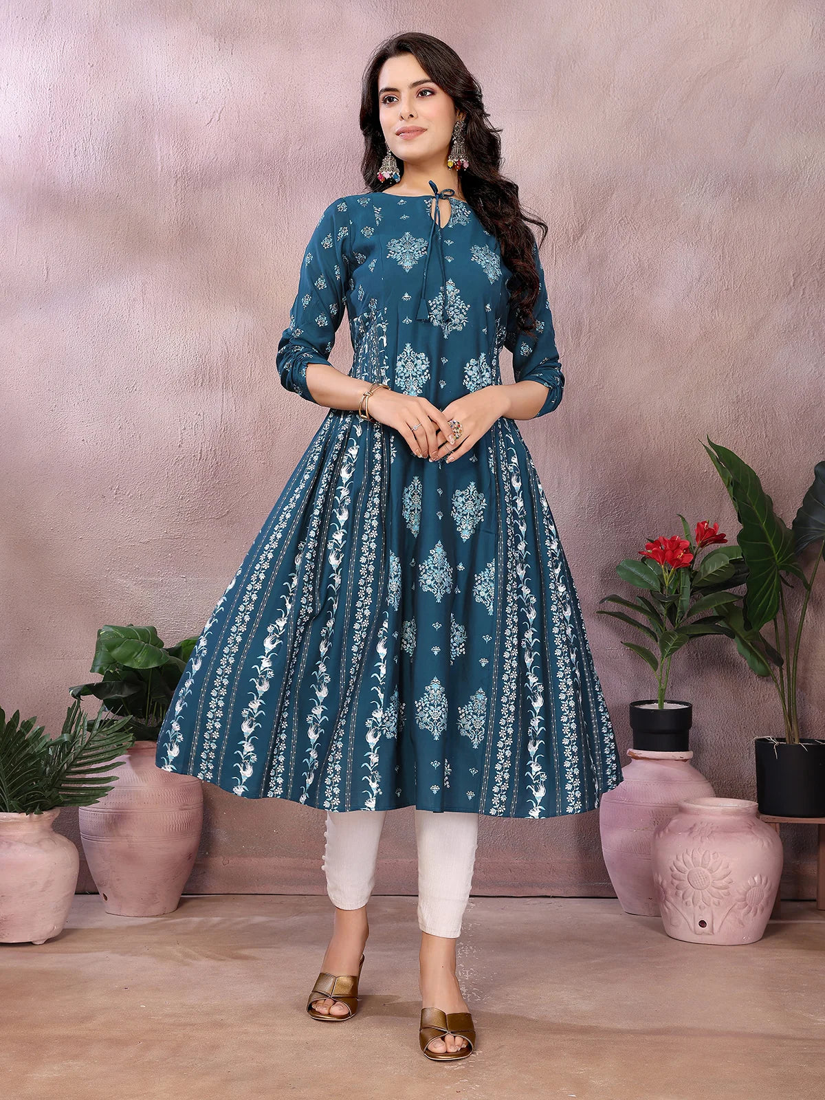 Viscose Poly Printed Flared Calf Length Kurta