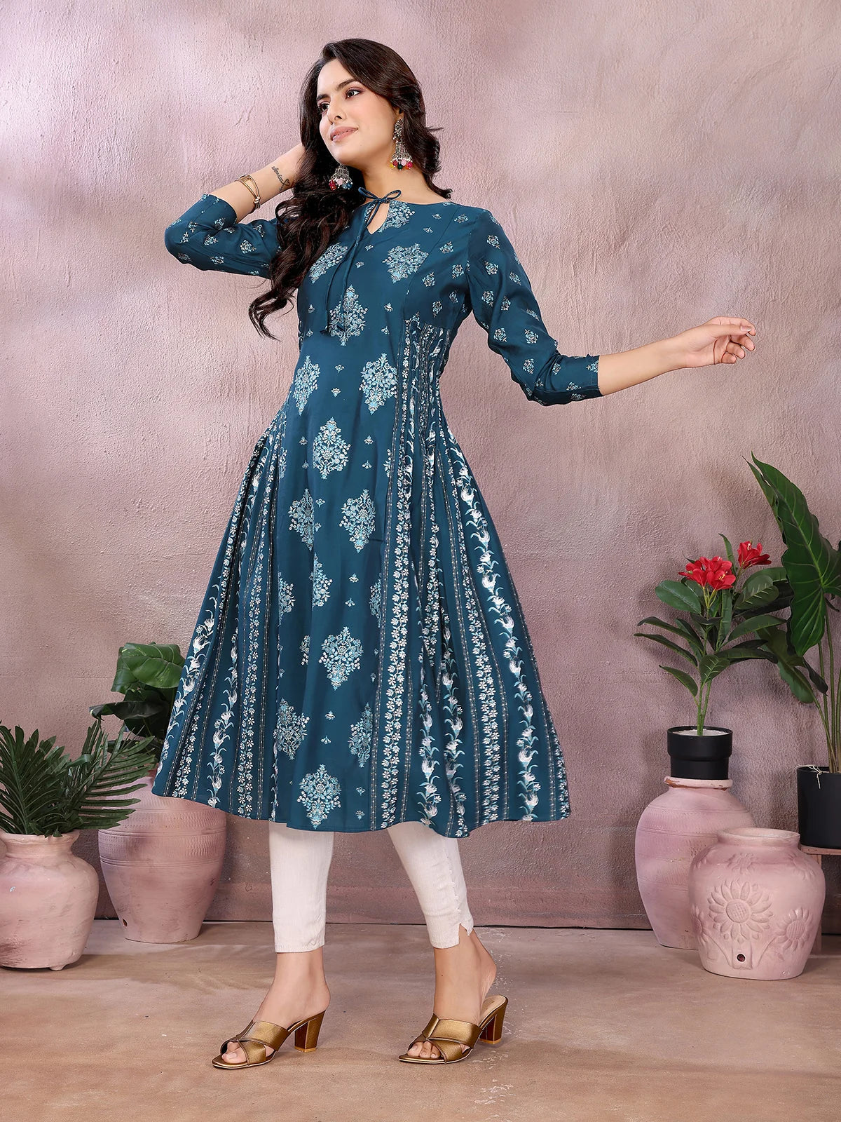 Viscose Poly Printed Flared Calf Length Kurta