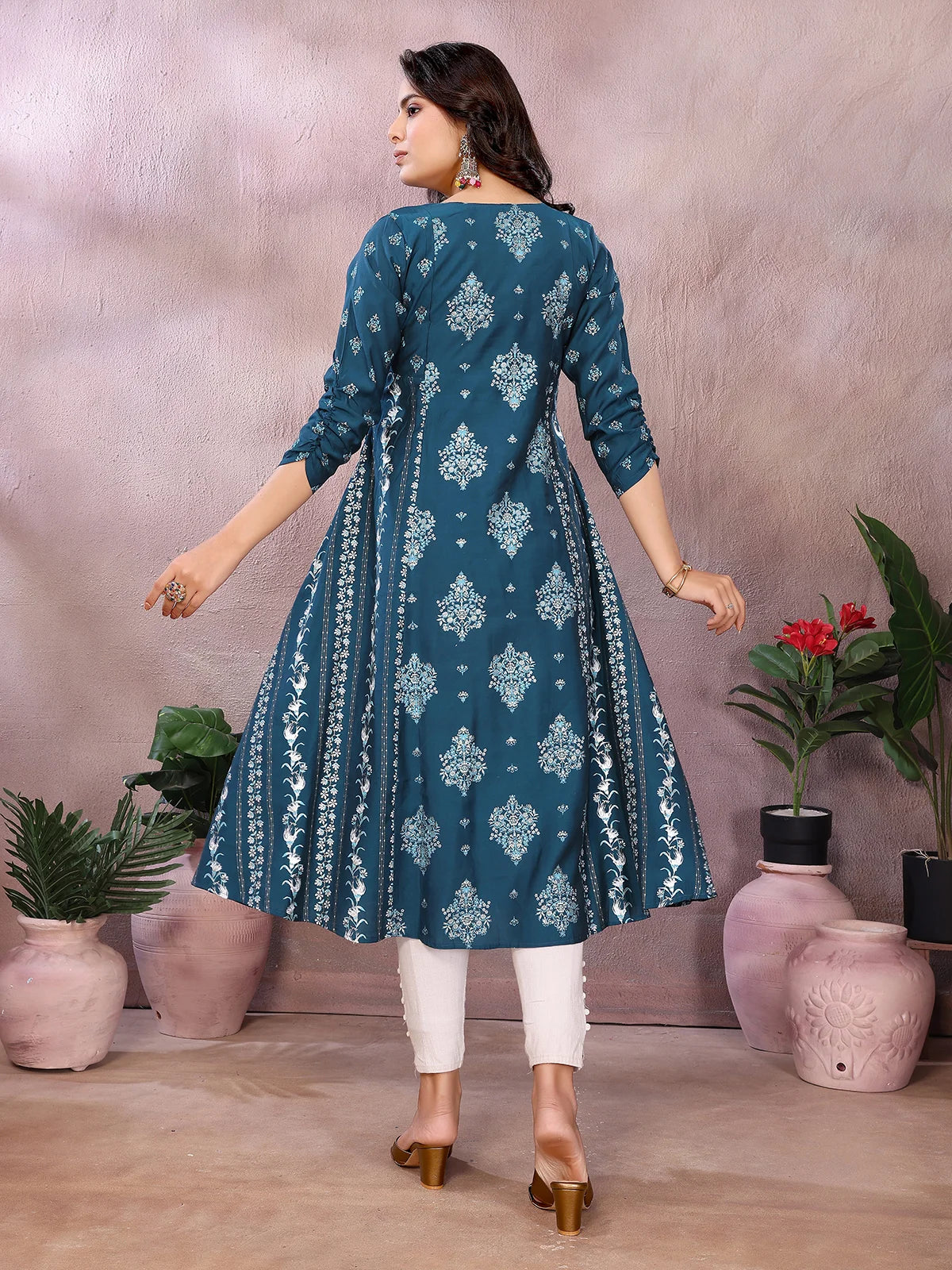 Viscose Poly Printed Flared Calf Length Kurta