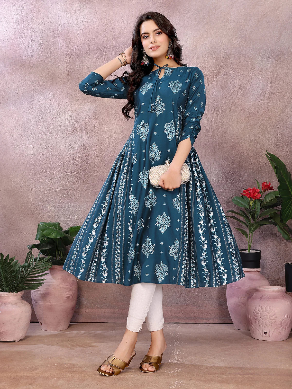 Viscose Poly Printed Flared Calf Length Kurta
