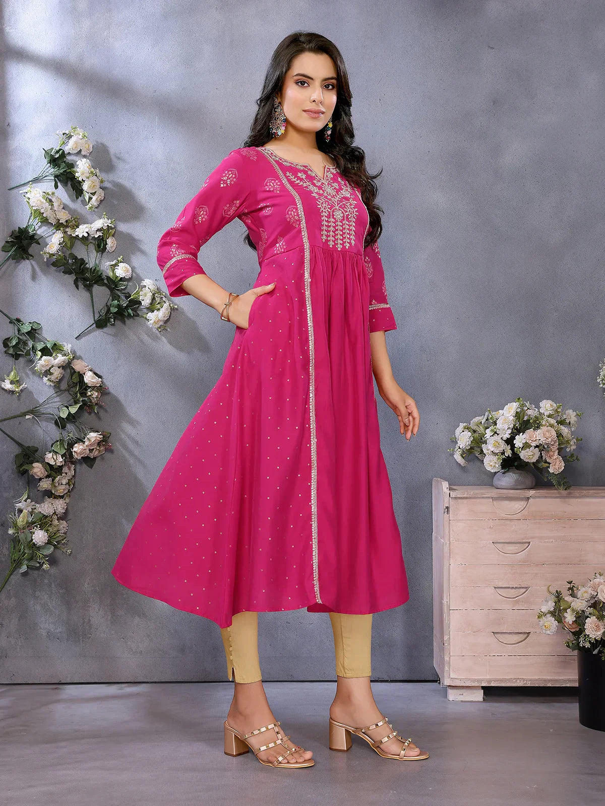 Viscose Poly Printed Flared Calf Length Kurta