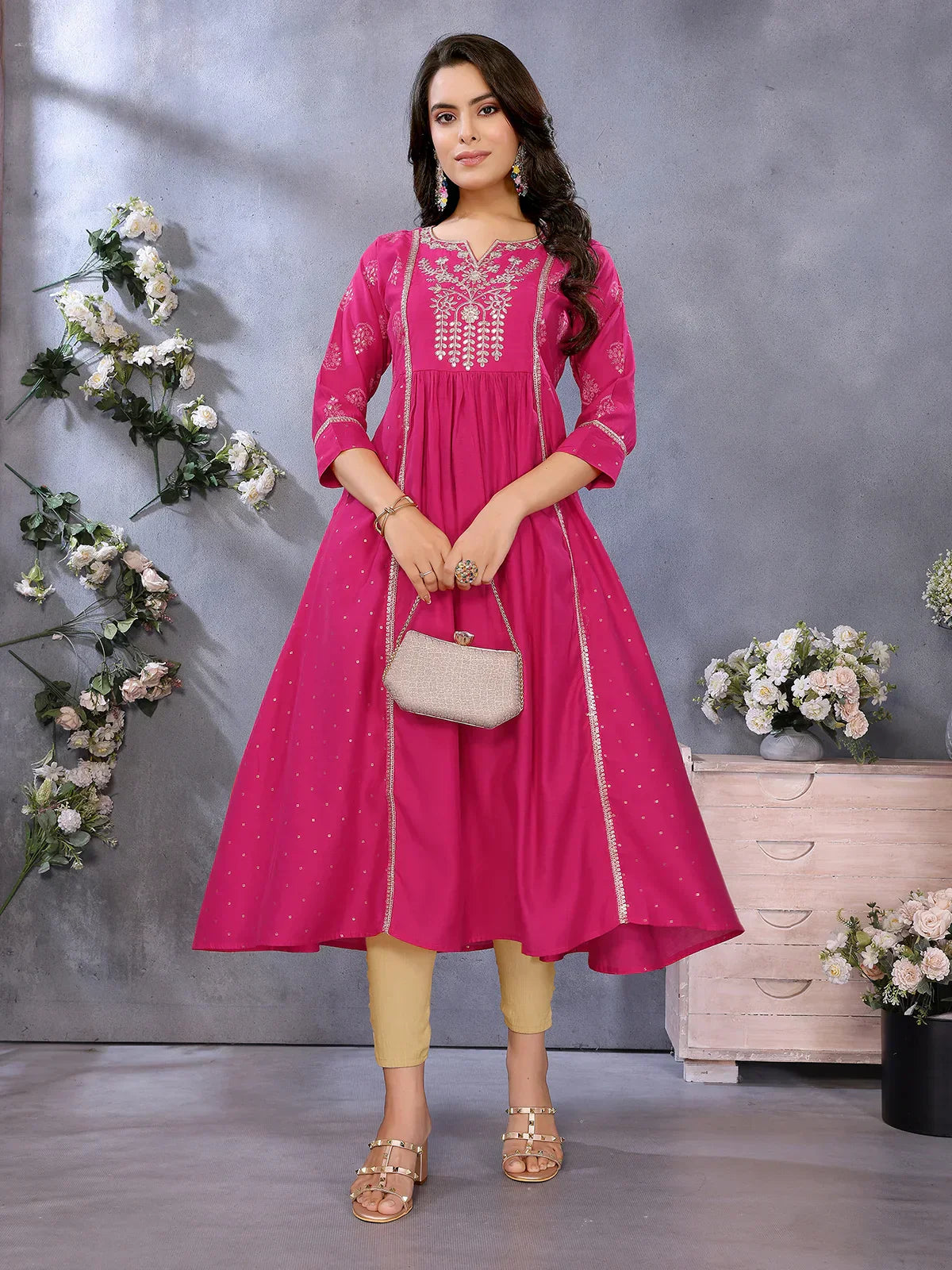 Viscose Poly Printed Flared Calf Length Kurta