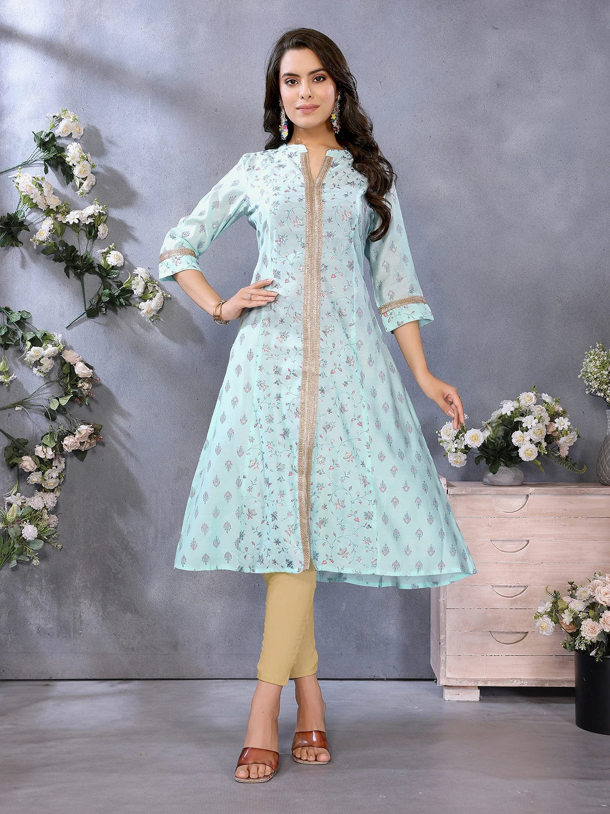 Viscose Poly Printed A-Line Calf Length Kurta