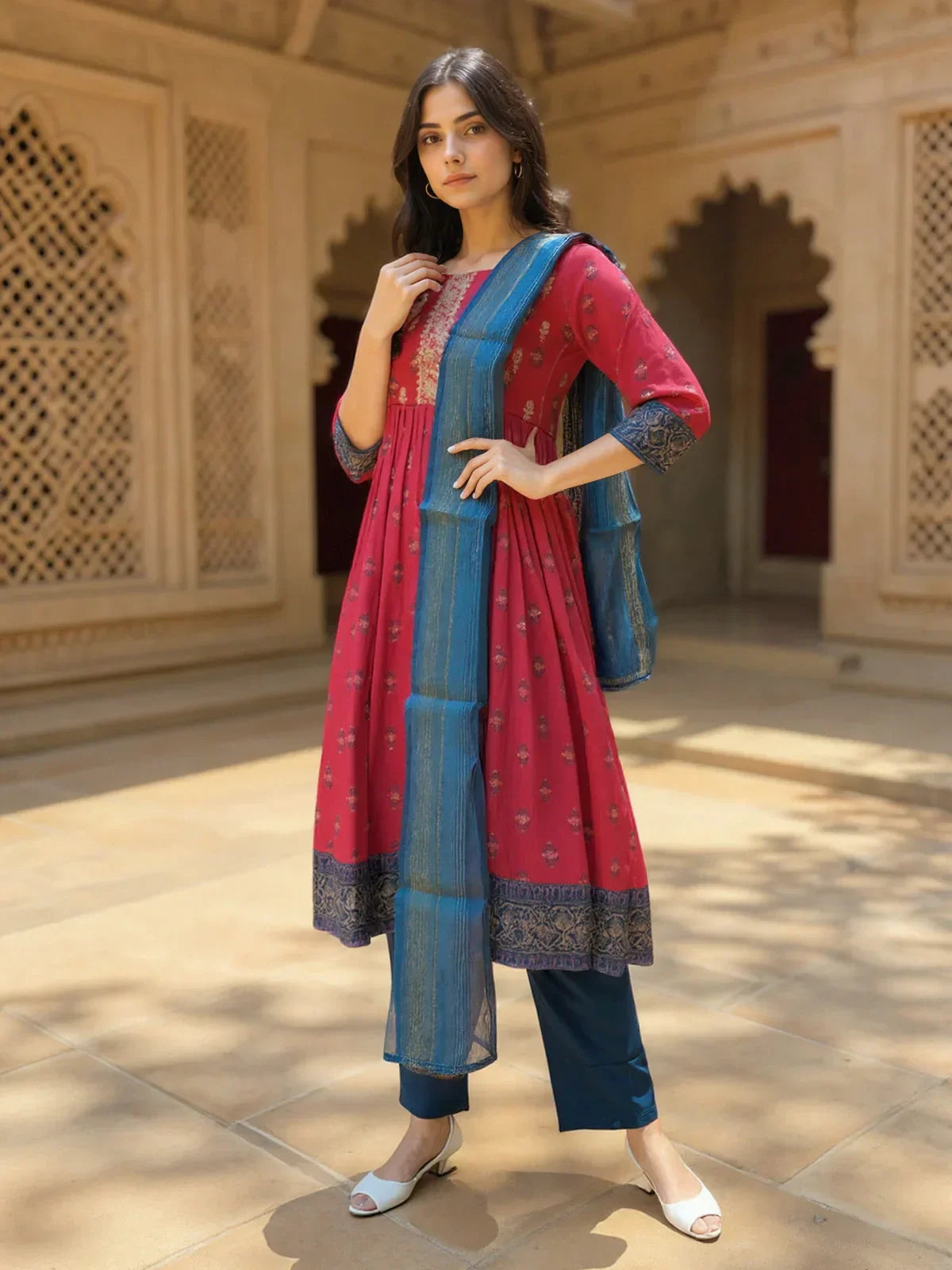 Poly Viscose Embroidered Anarkali Calf Length Kurta with Pant and Dupatta
