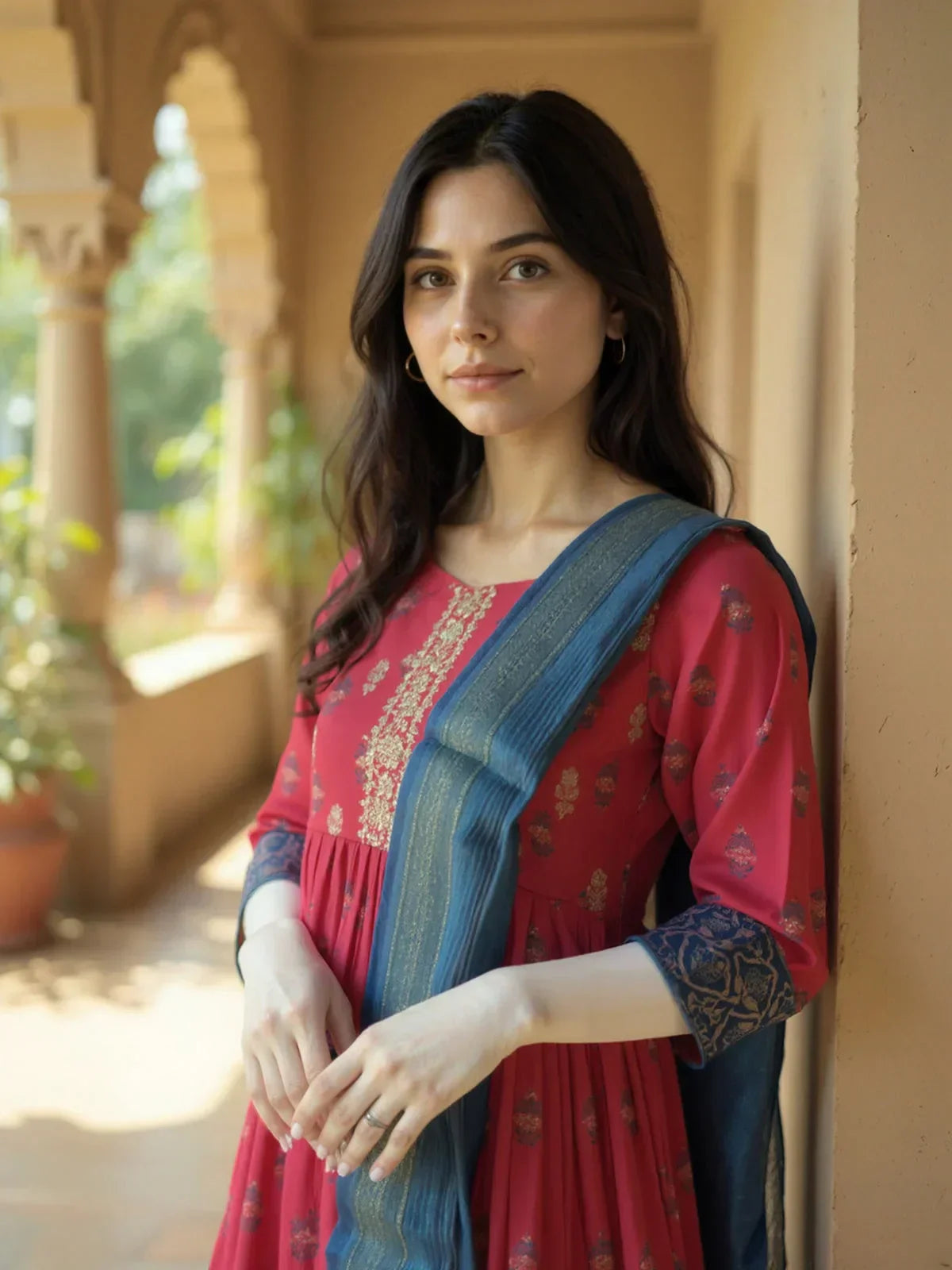 Poly Viscose Embroidered Anarkali Calf Length Kurta with Pant and Dupatta