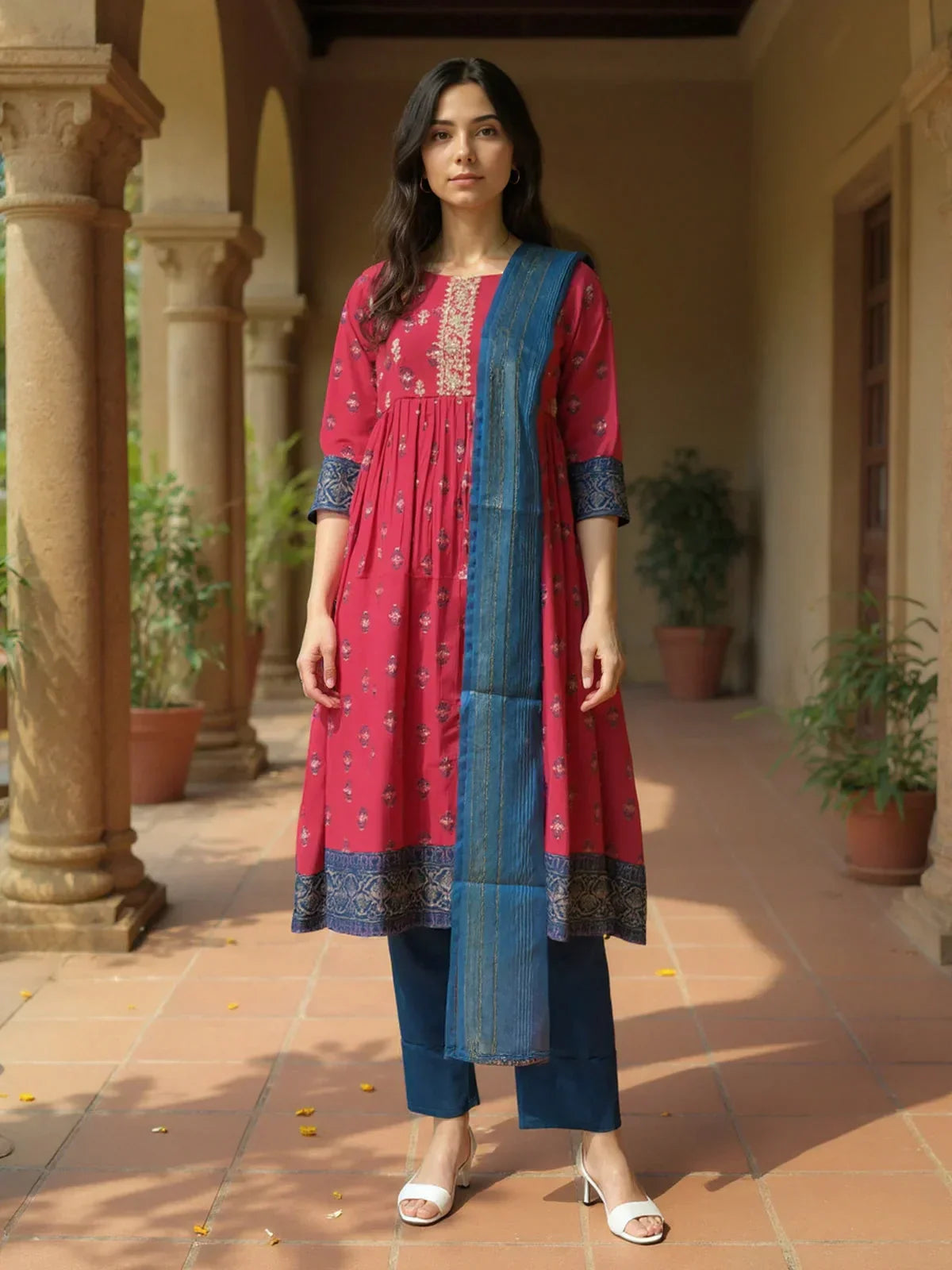 Poly Viscose Embroidered Anarkali Calf Length Kurta with Pant and Dupatta