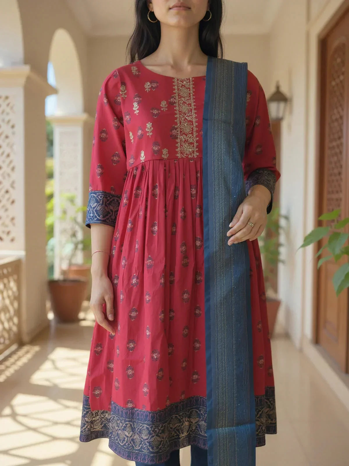 Poly Viscose Embroidered Anarkali Calf Length Kurta with Pant and Dupatta