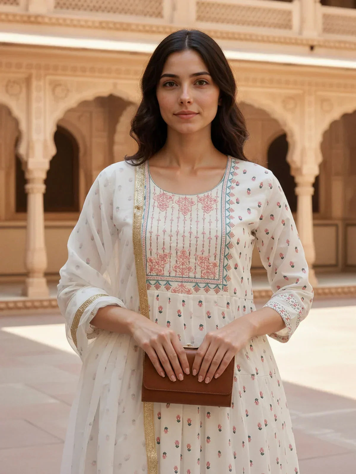 Cotton Embroidered Anarkali Calf Length Kurta with Pant and Dupatta