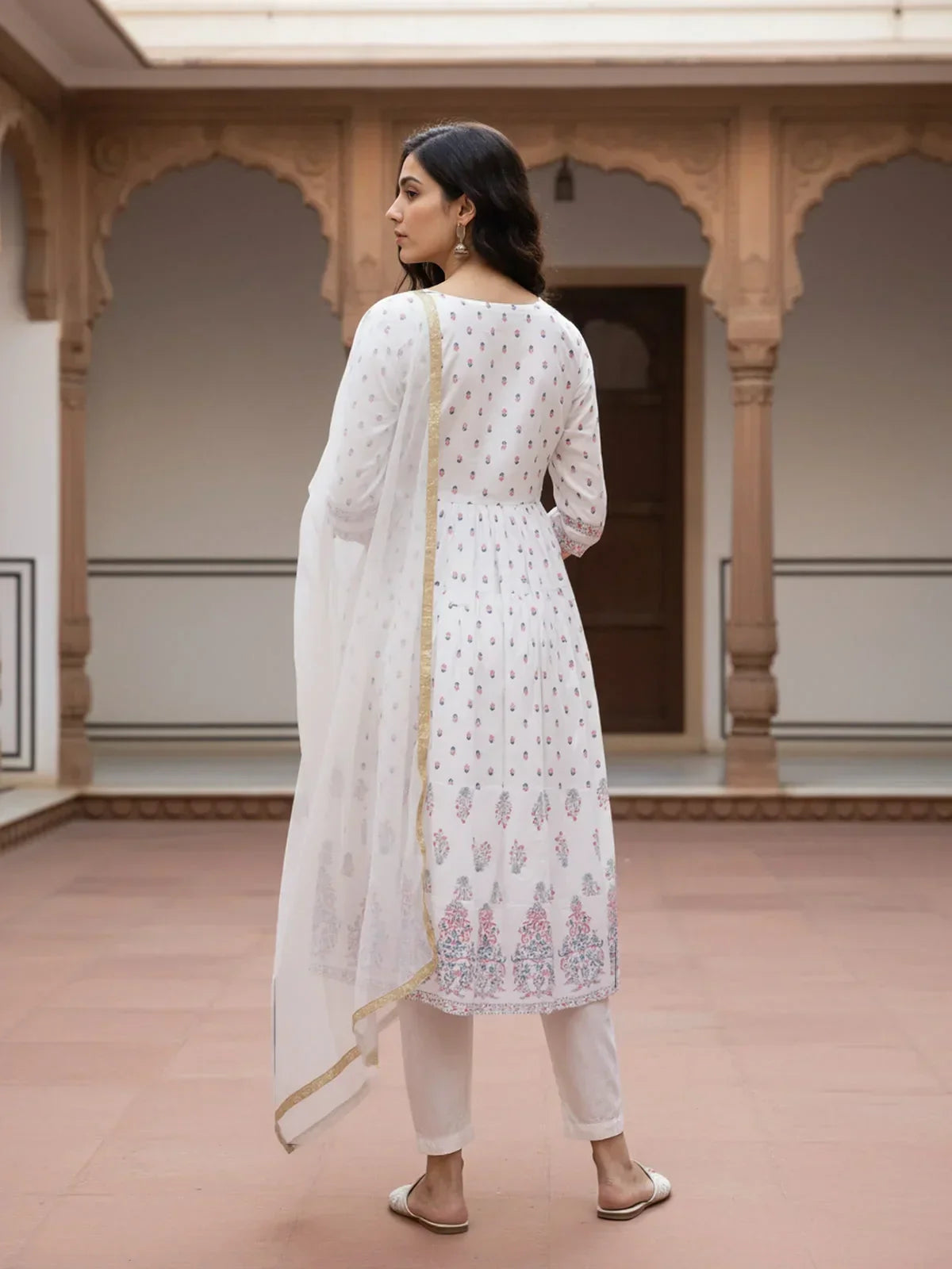 Cotton Embroidered Anarkali Calf Length Kurta with Pant and Dupatta
