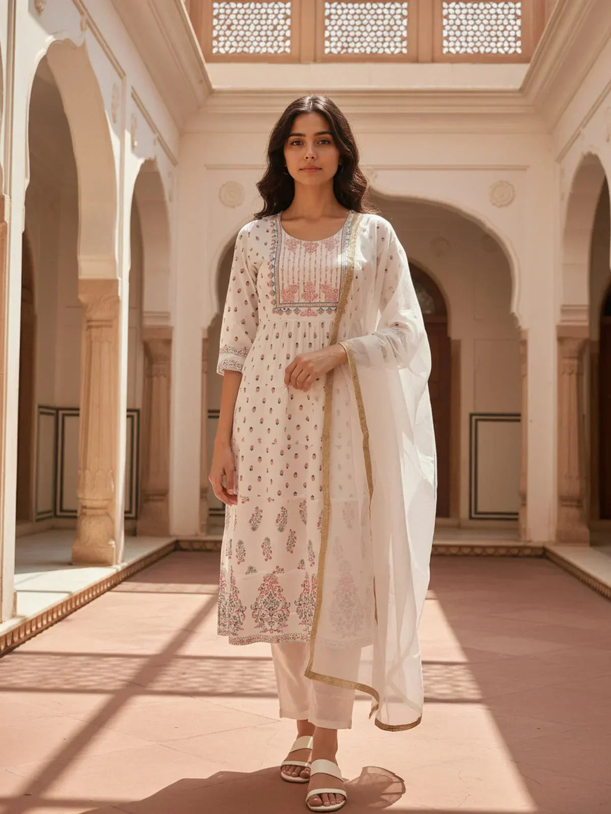 Cotton Embroidered Anarkali Calf Length Kurta with Pant and Dupatta