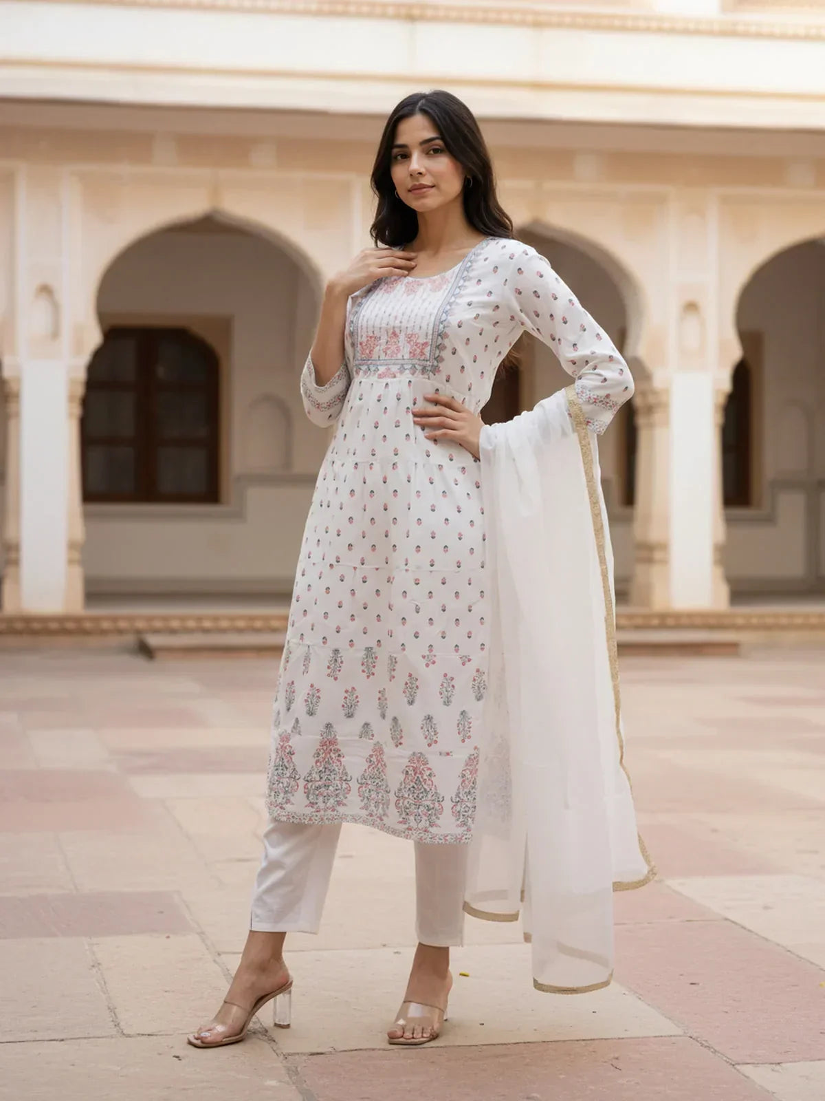 Cotton Embroidered Anarkali Calf Length Kurta with Pant and Dupatta
