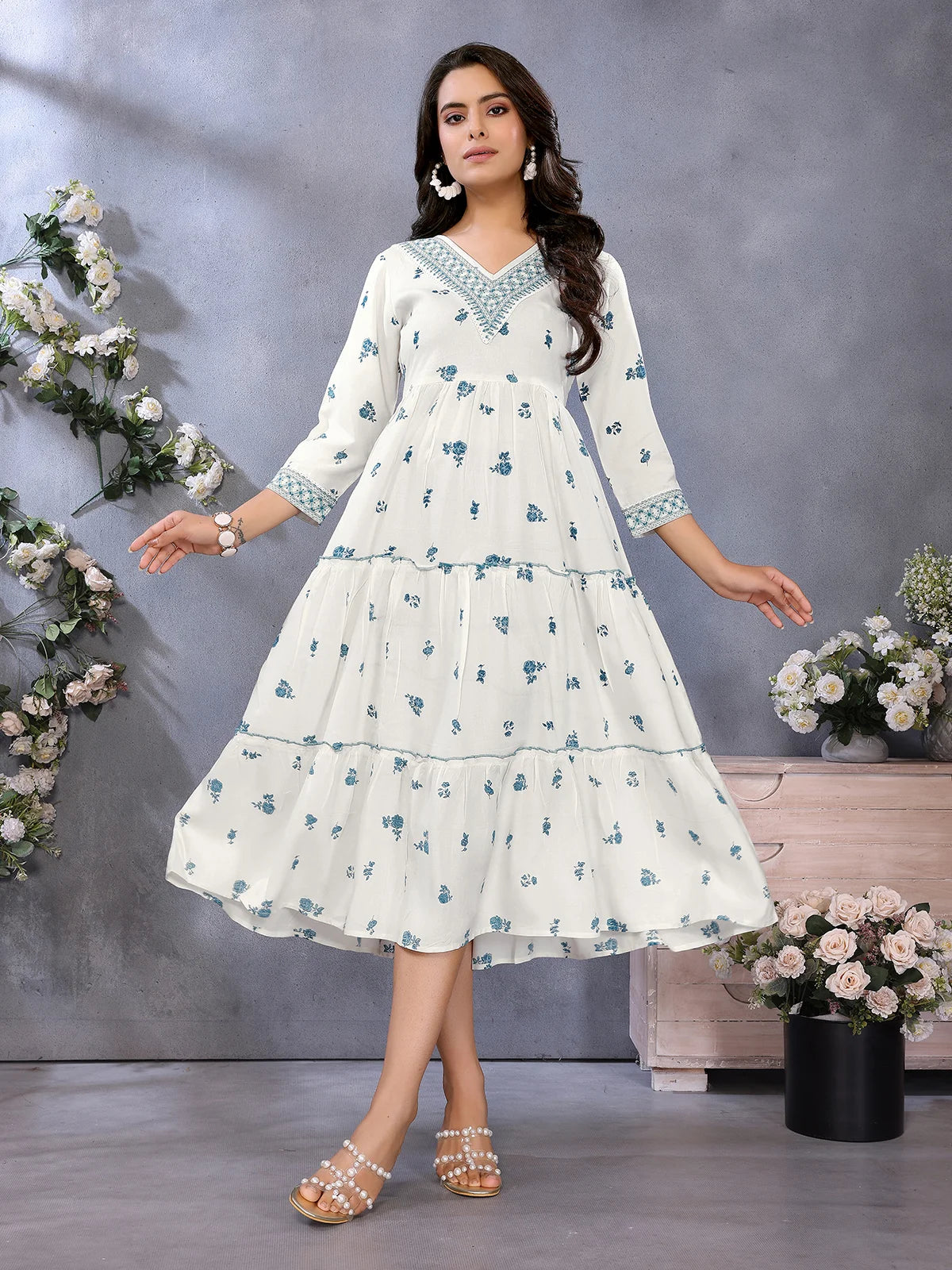 Rayon Printed Tiered Calf Length Dress