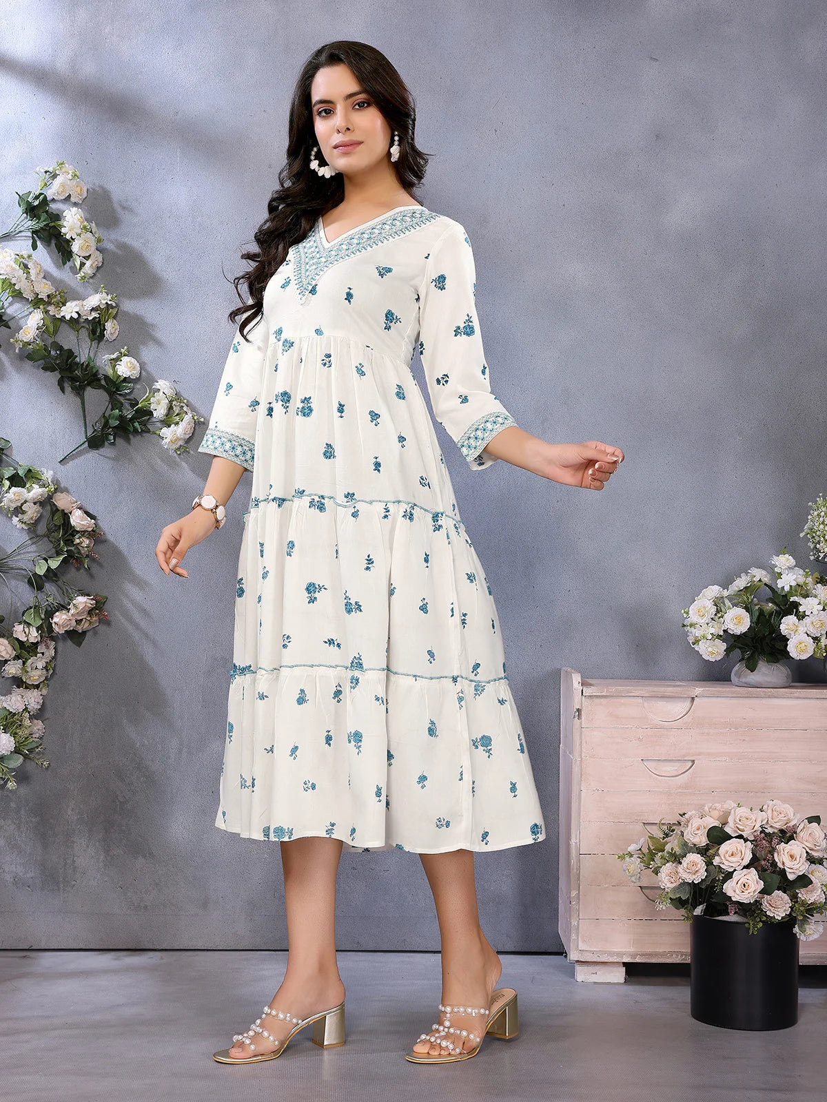 Rayon Printed Tiered Calf Length Dress