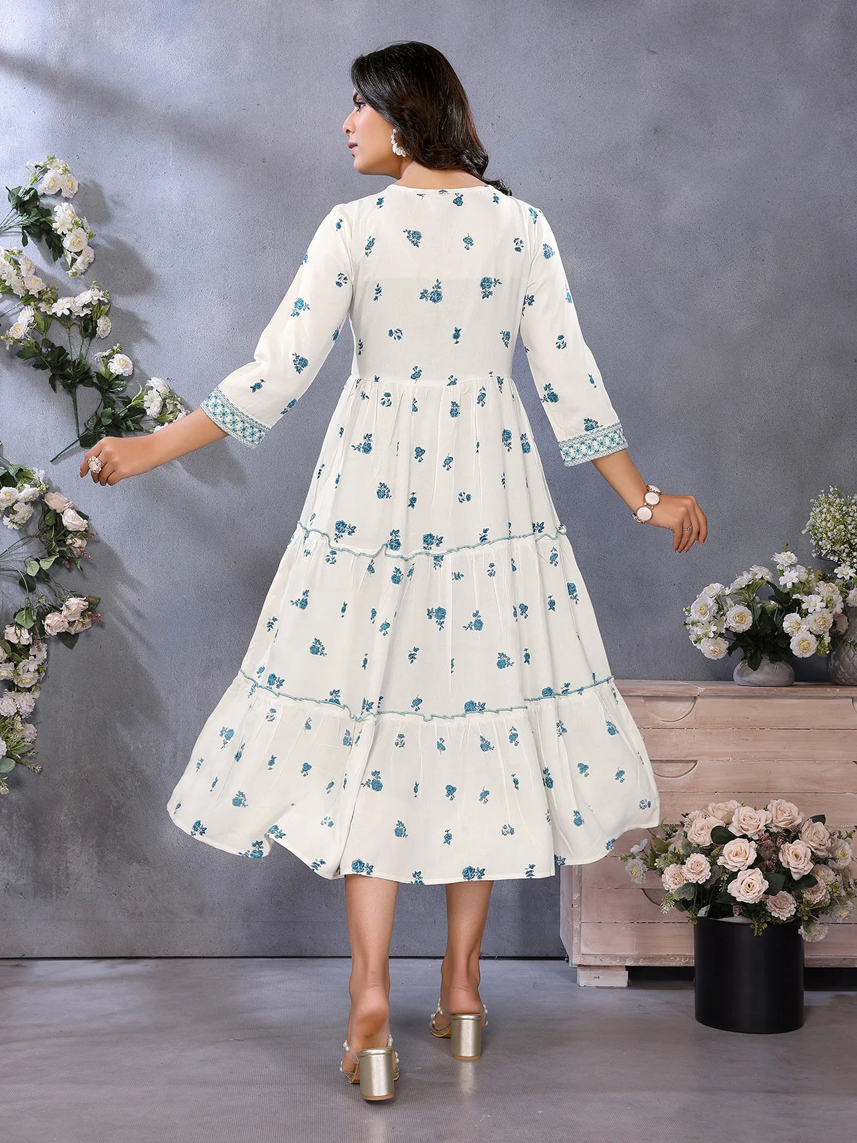 Rayon Printed Tiered Calf Length Dress