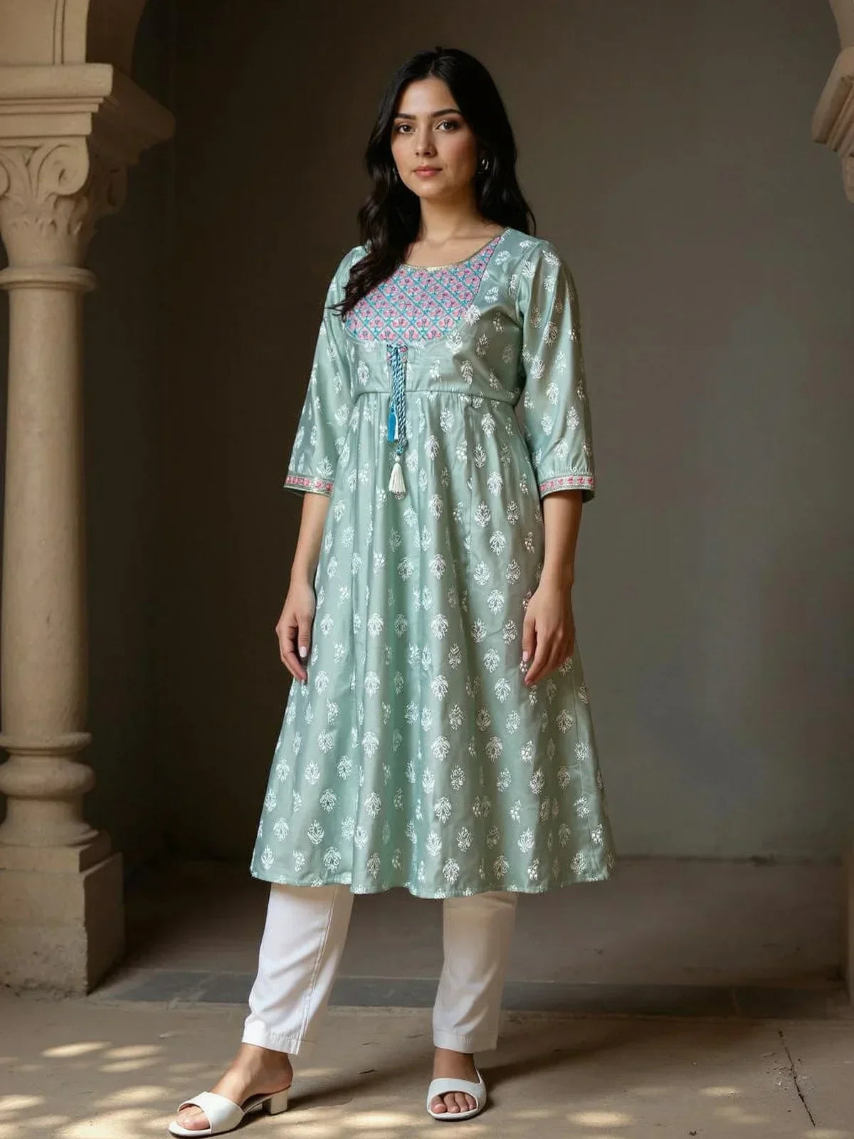 Chanderi Embroidered Flared Calf Length Kurta