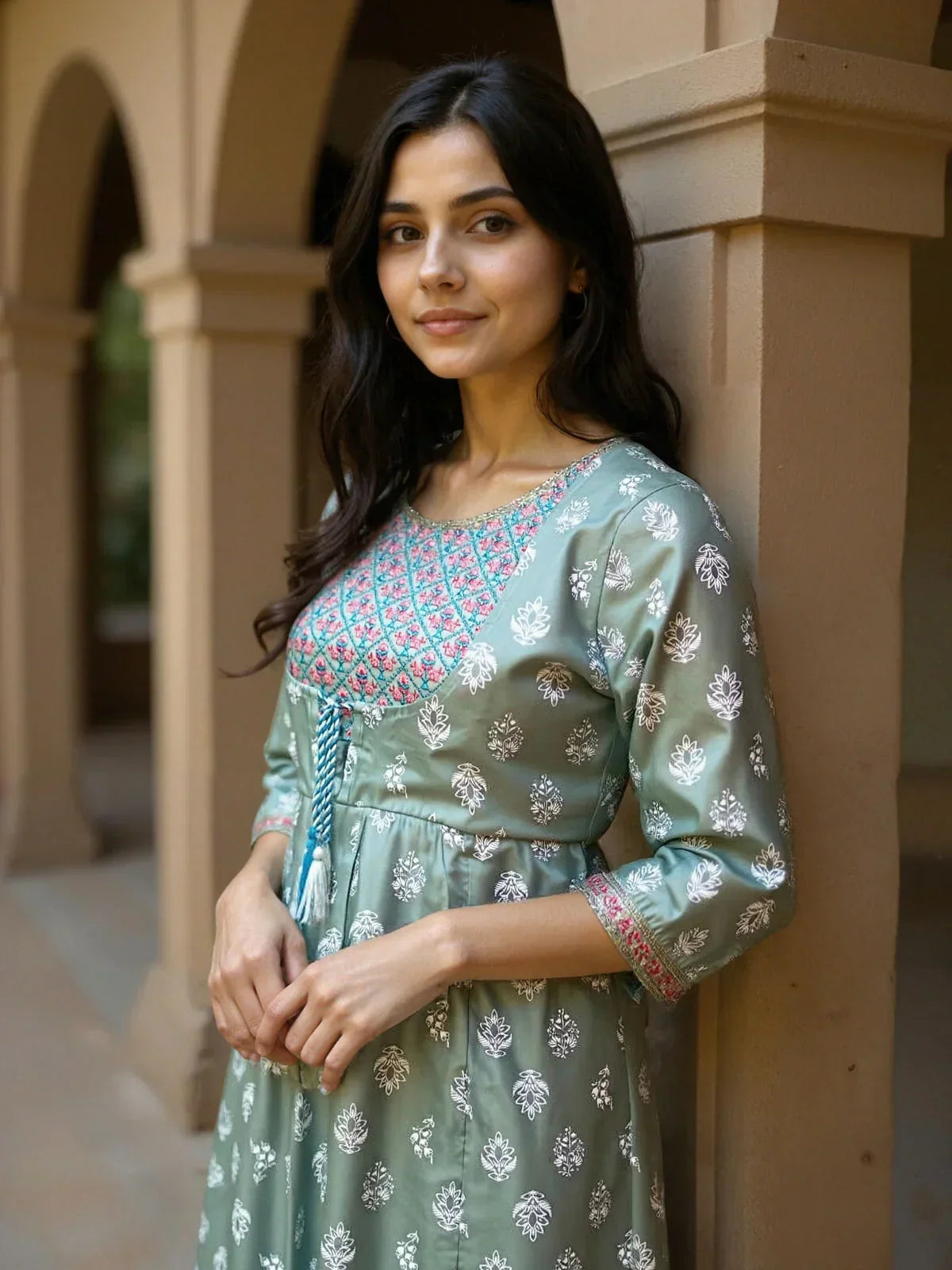 Chanderi Embroidered Flared Calf Length Kurta