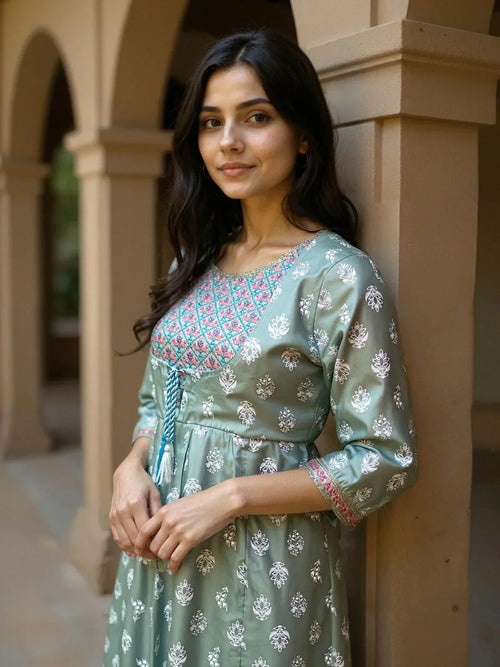 Chanderi Embroidered Flared Calf Length Kurta