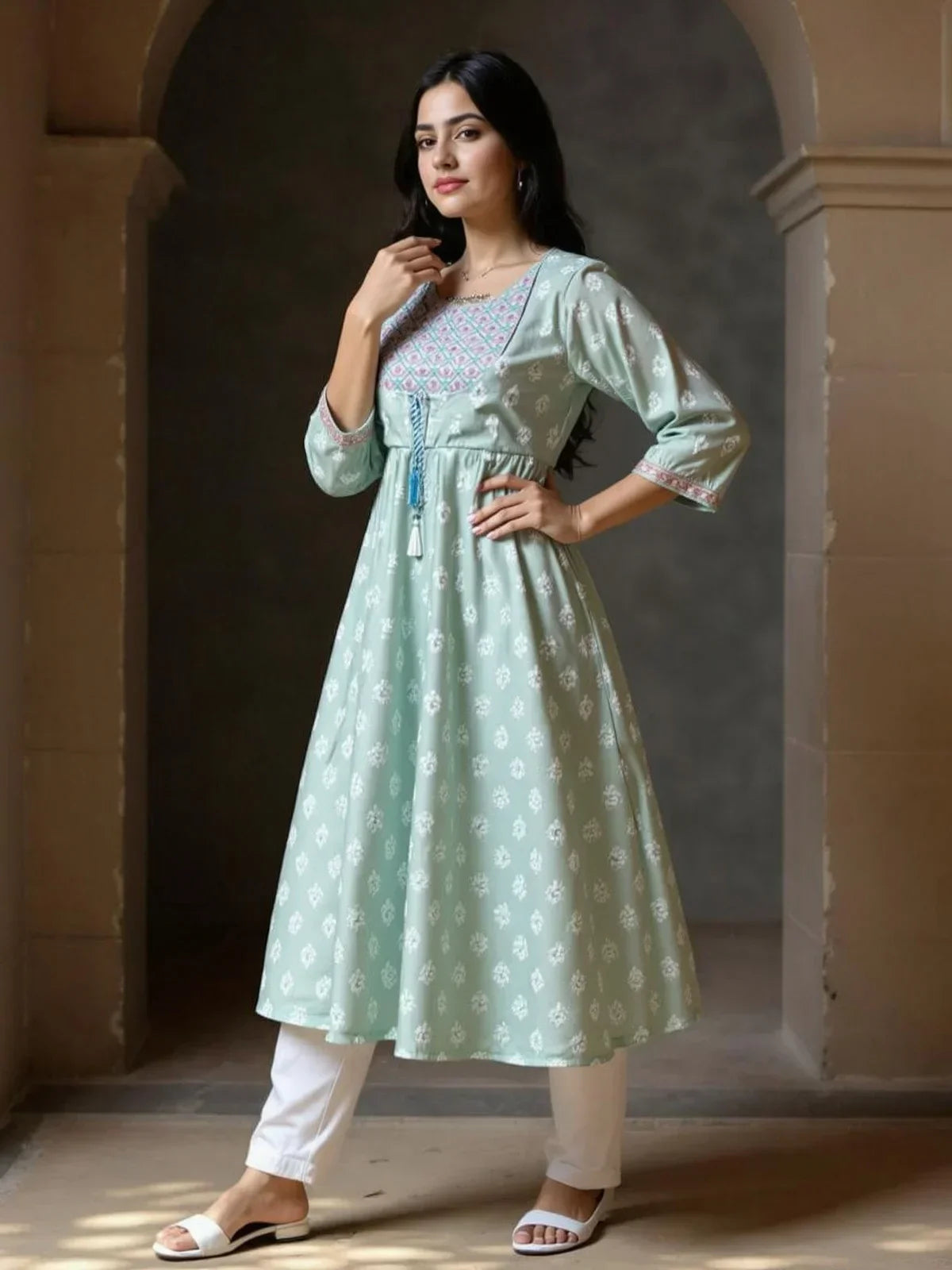 Chanderi Embroidered Flared Calf Length Kurta
