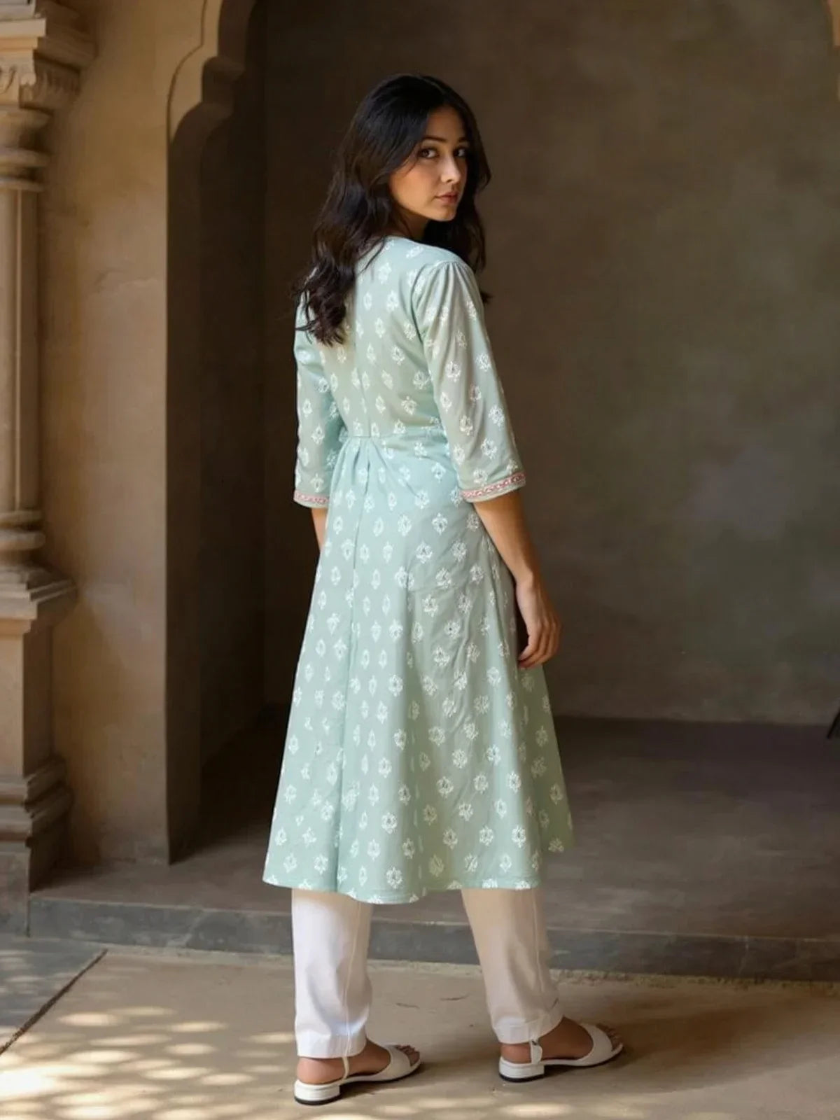Chanderi Embroidered Flared Calf Length Kurta