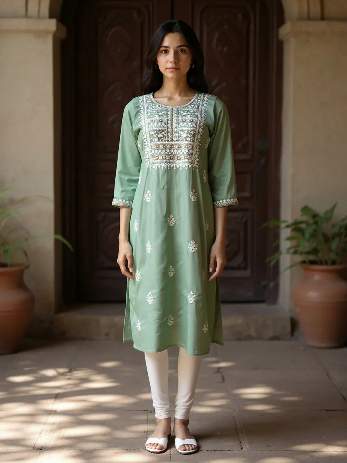 Rayon Embroidered Straight Calf Length Kurta