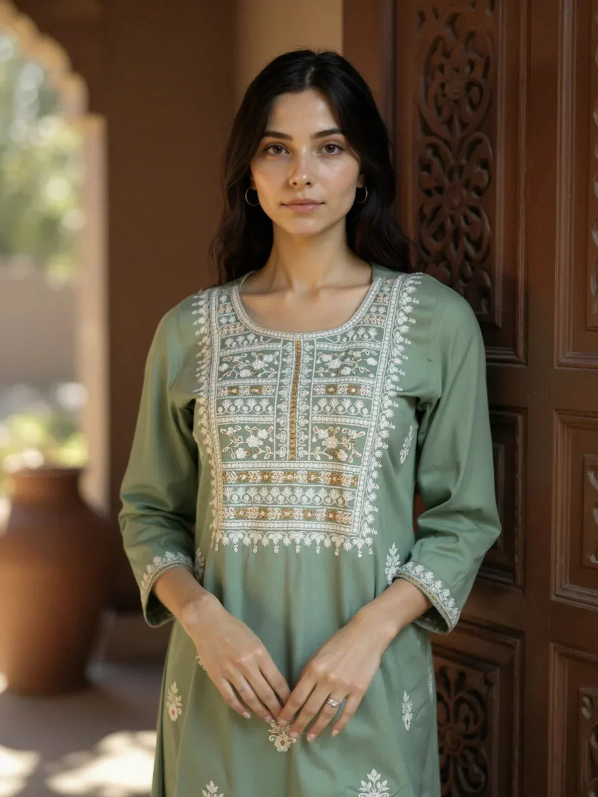 Rayon Embroidered Straight Calf Length Kurta