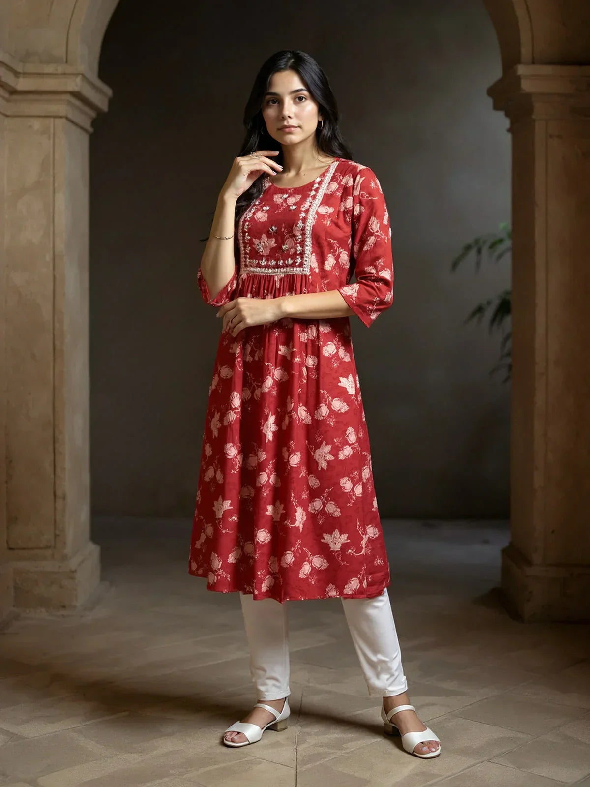 Rayon Embroidered Straight Calf Length Kurta