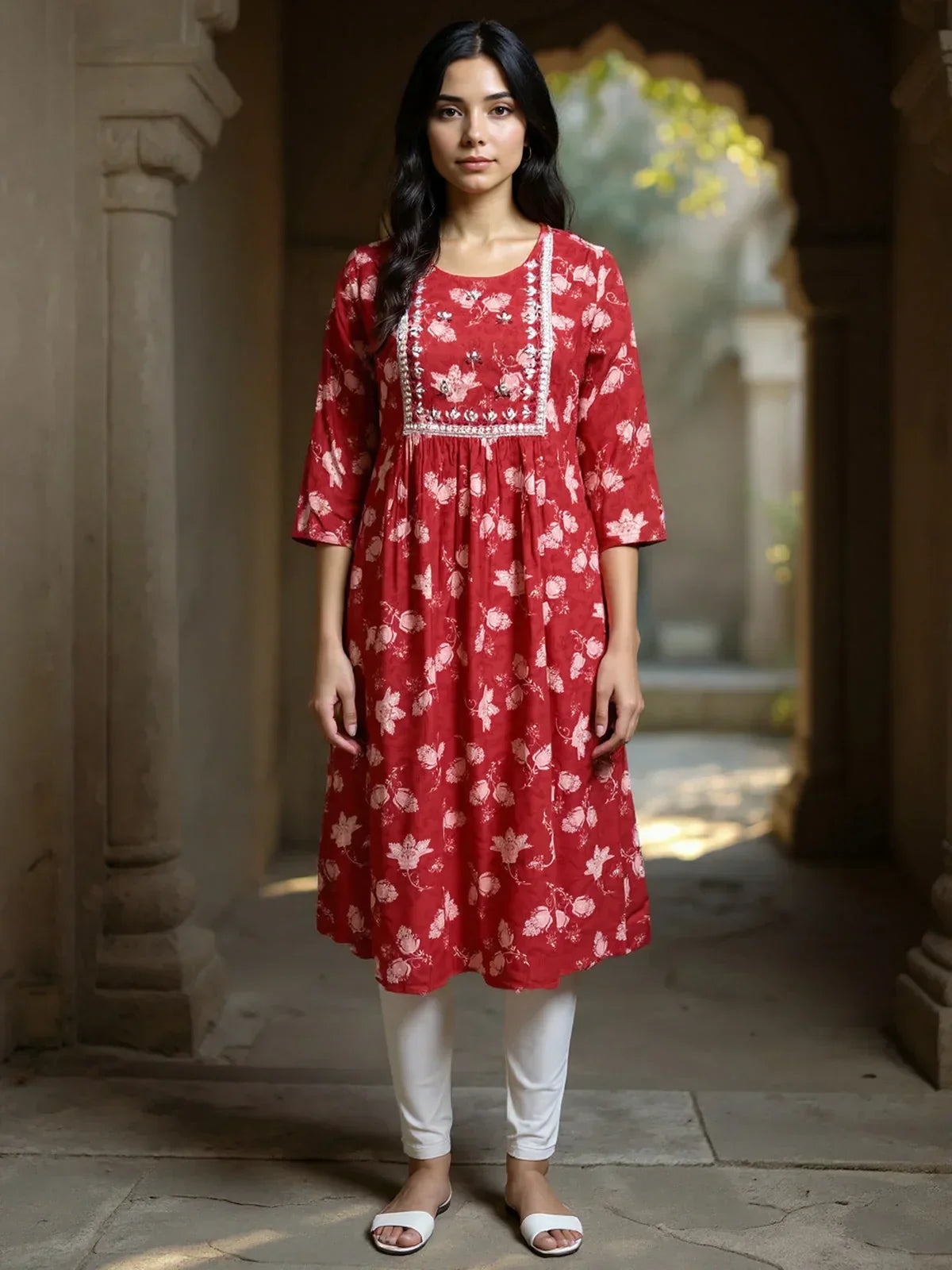 Rayon Embroidered Straight Calf Length Kurta