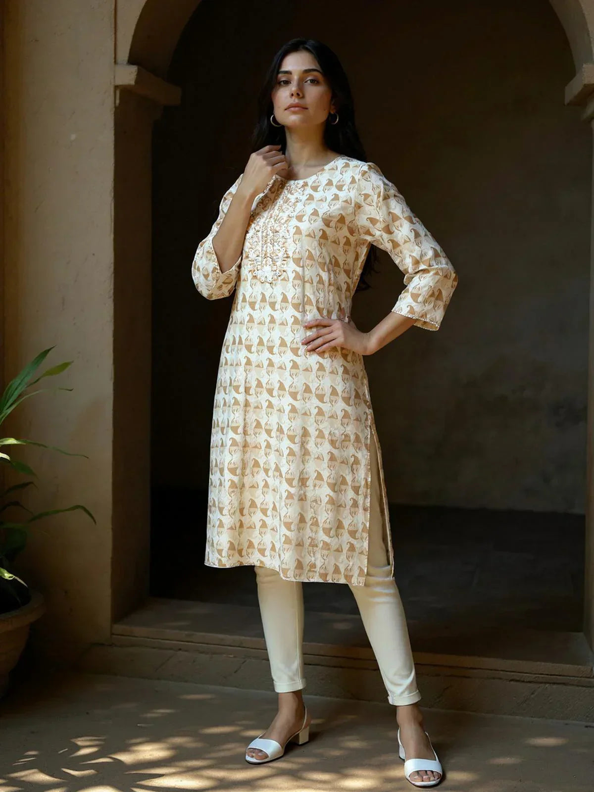 Cotton Embroidered Straight Calf Length Kurta