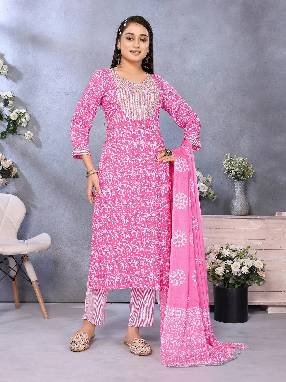 Rayon Embroidered Straight Calf Length Kurta with Pant and Dupatta
