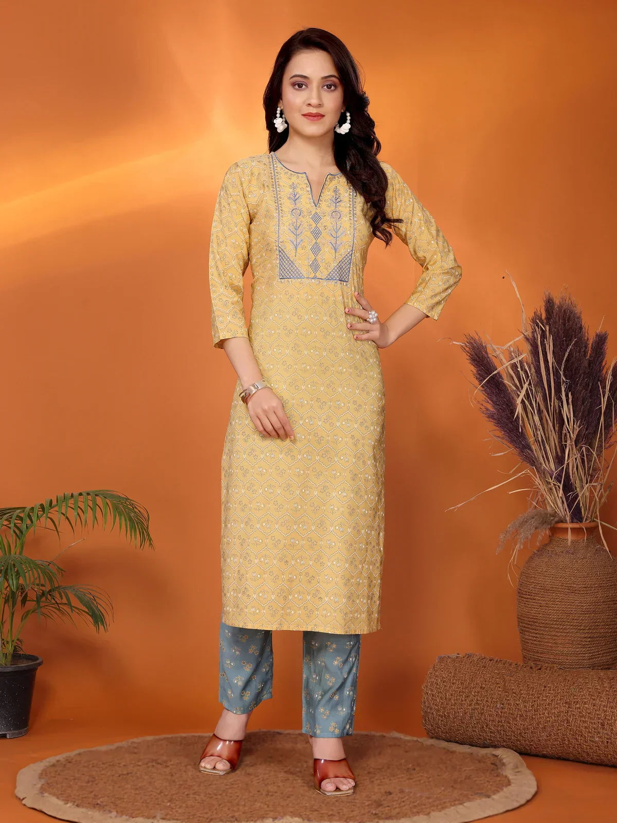 Viscose Blend Embroidered Straight Calf Length Kurta with Pant