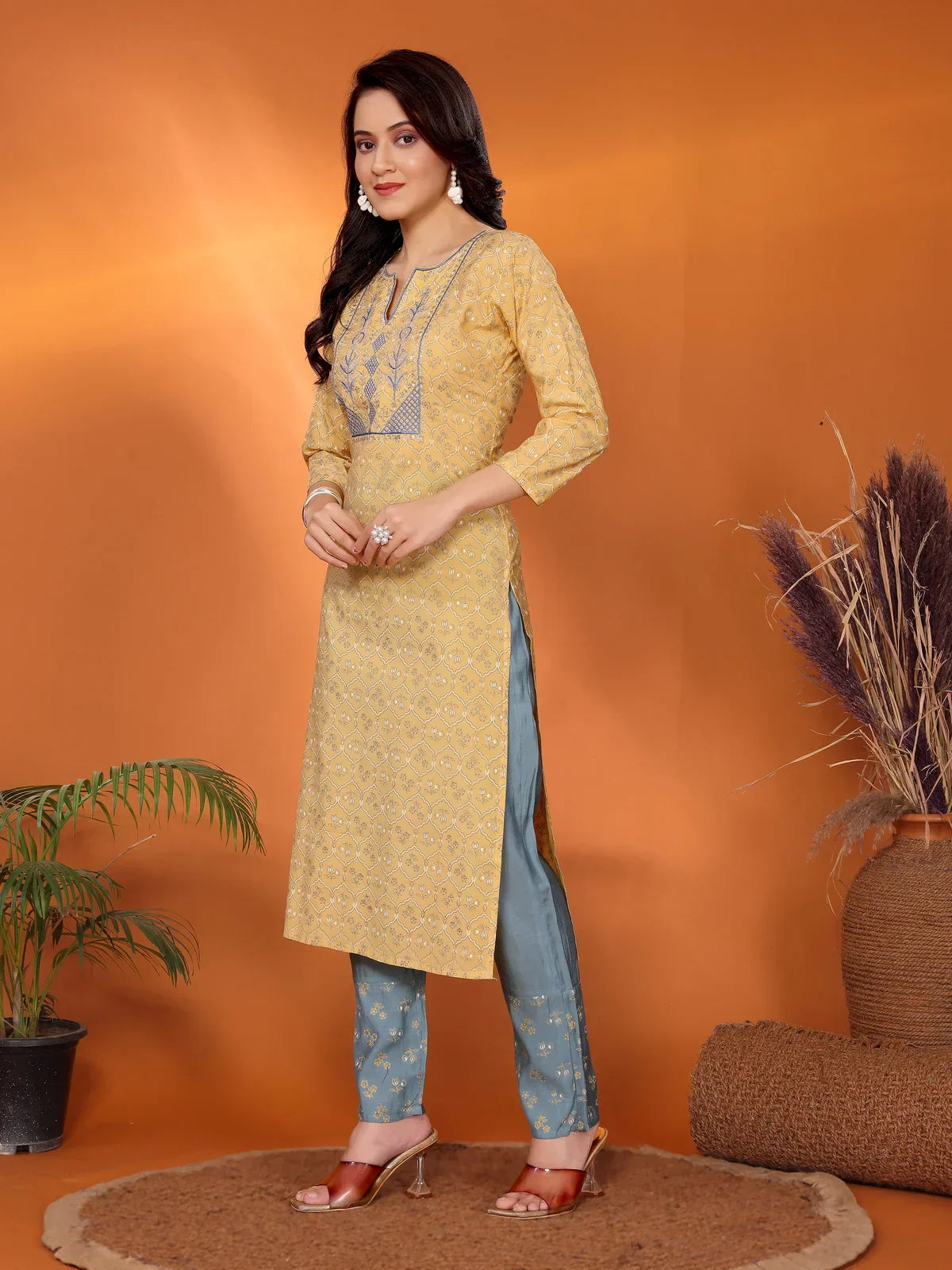 Viscose Blend Embroidered Straight Calf Length Kurta with Pant