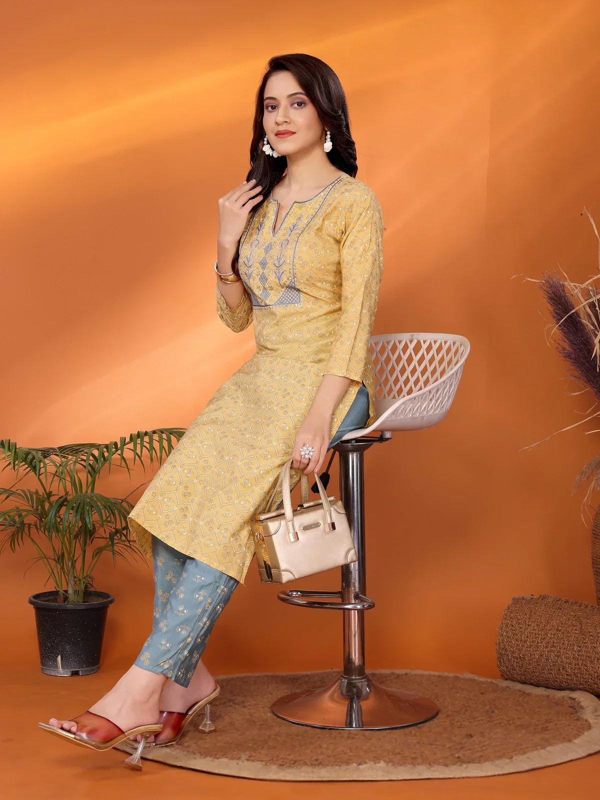Viscose Blend Embroidered Straight Calf Length Kurta with Pant