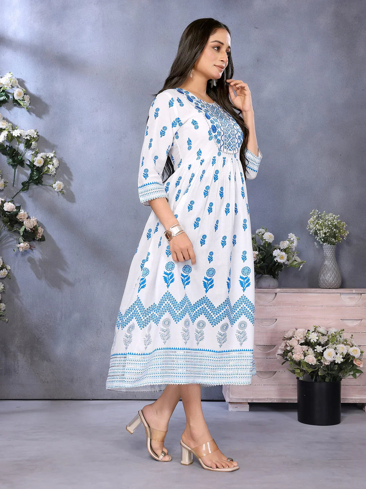 Rayon Embroidered Flared Calf Length Dress