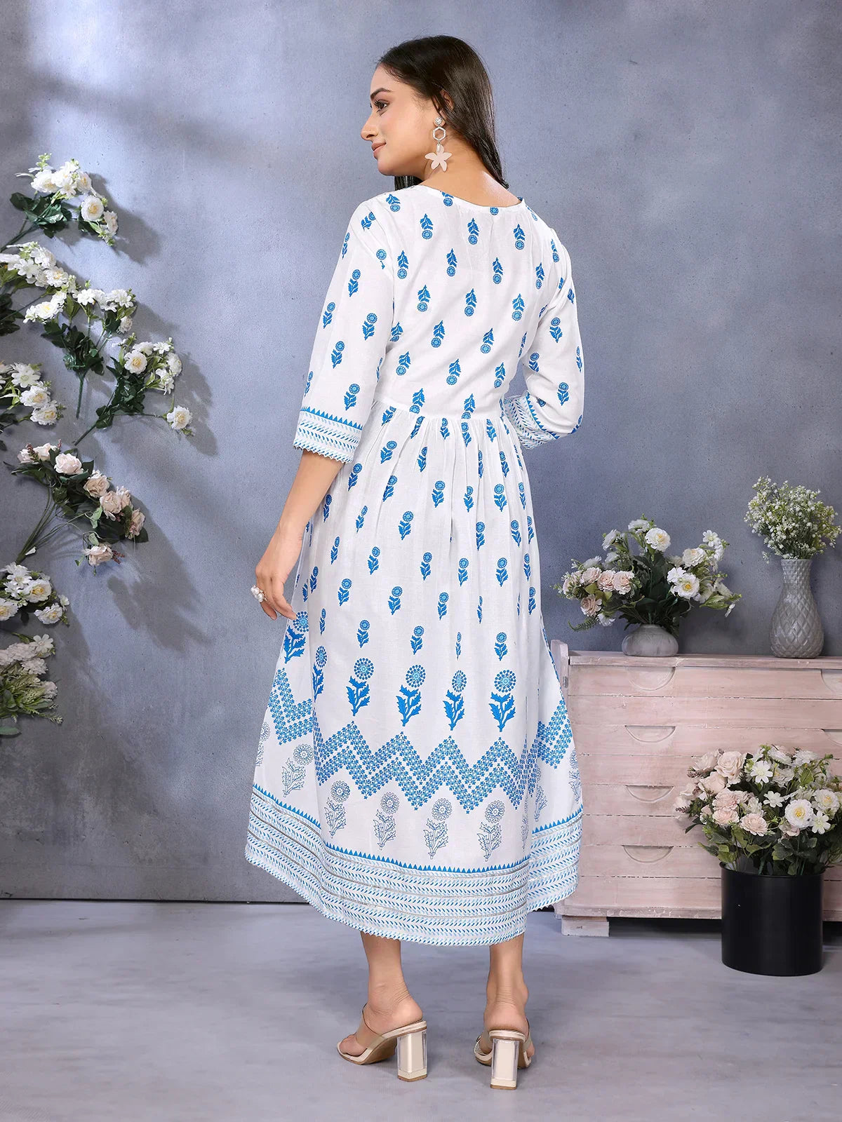 Rayon Embroidered Flared Calf Length Dress